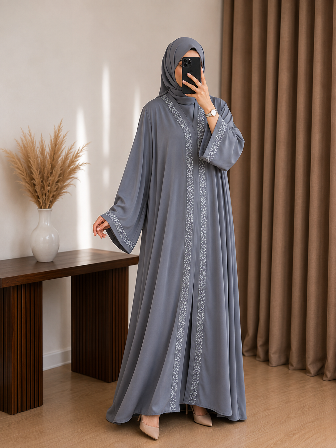 AAMNAH FRONT OPEN ABAYA | GRAY