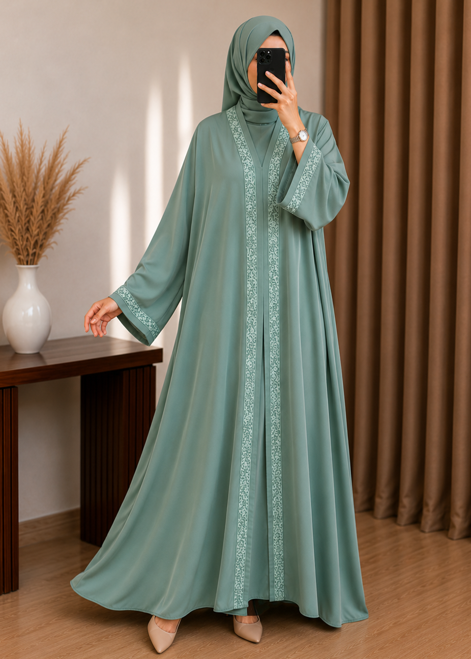 AAMNAH FRONT OPEN ABAYA | SEA GREEN