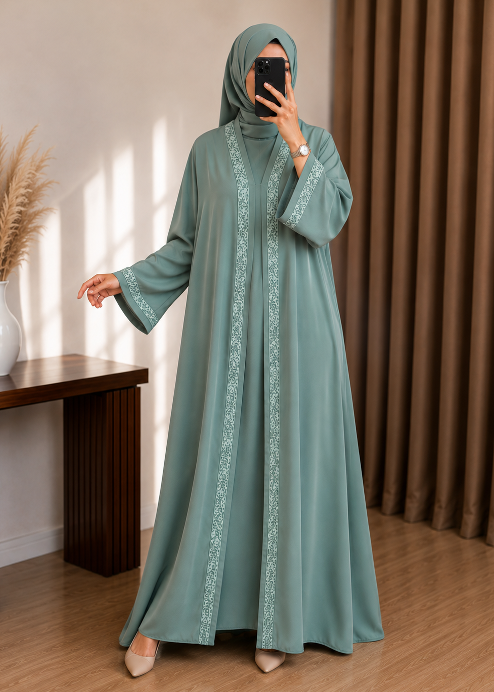 AAMNAH FRONT OPEN ABAYA | SEA GREEN