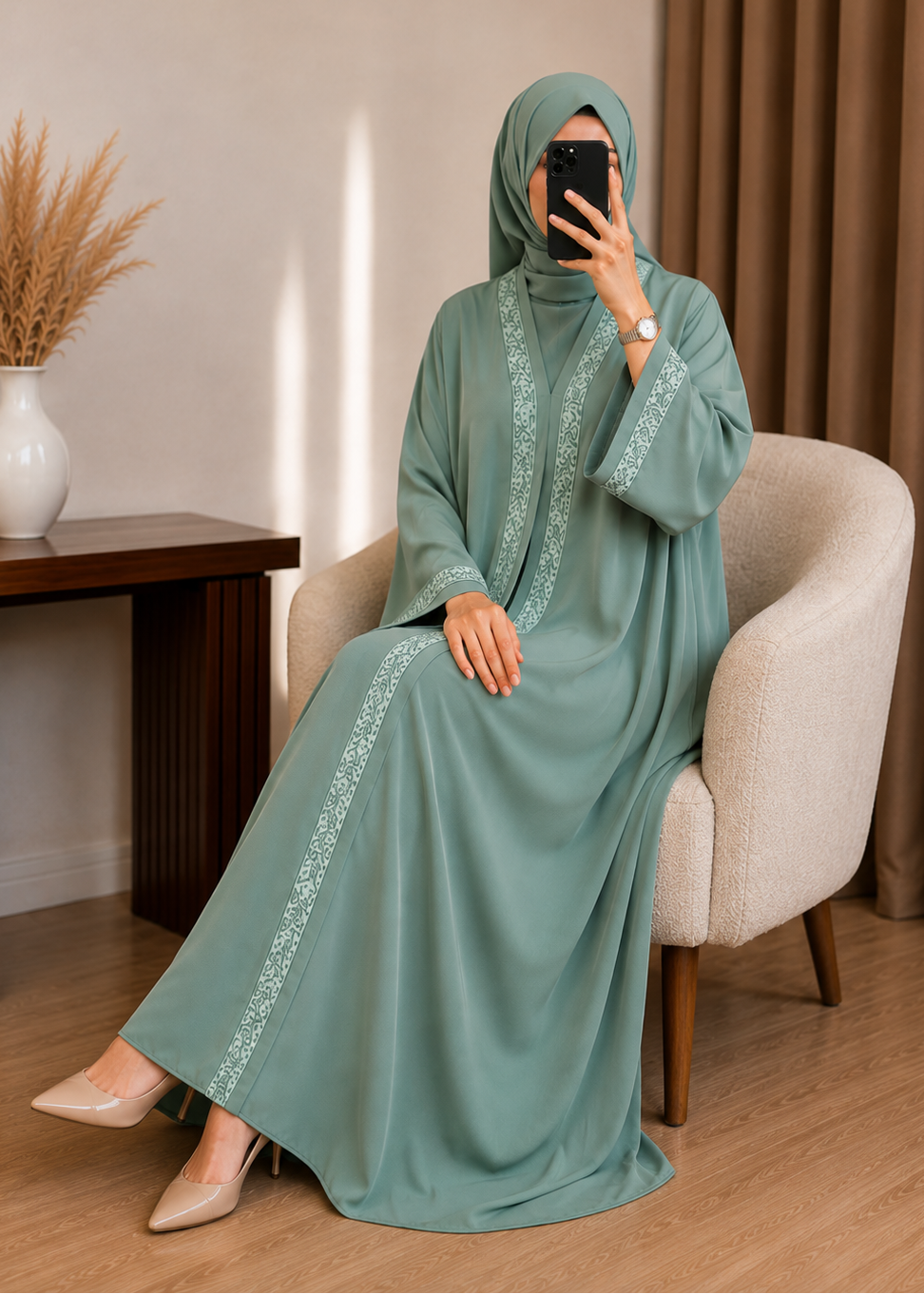 AAMNAH FRONT OPEN ABAYA | SEA GREEN