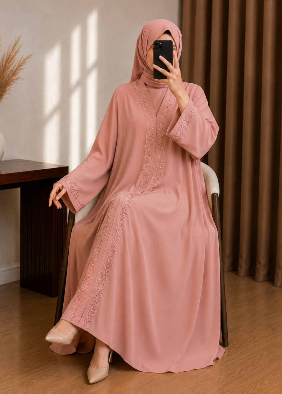 AAMNAH FRONT OPEN ABAYA | PEACH