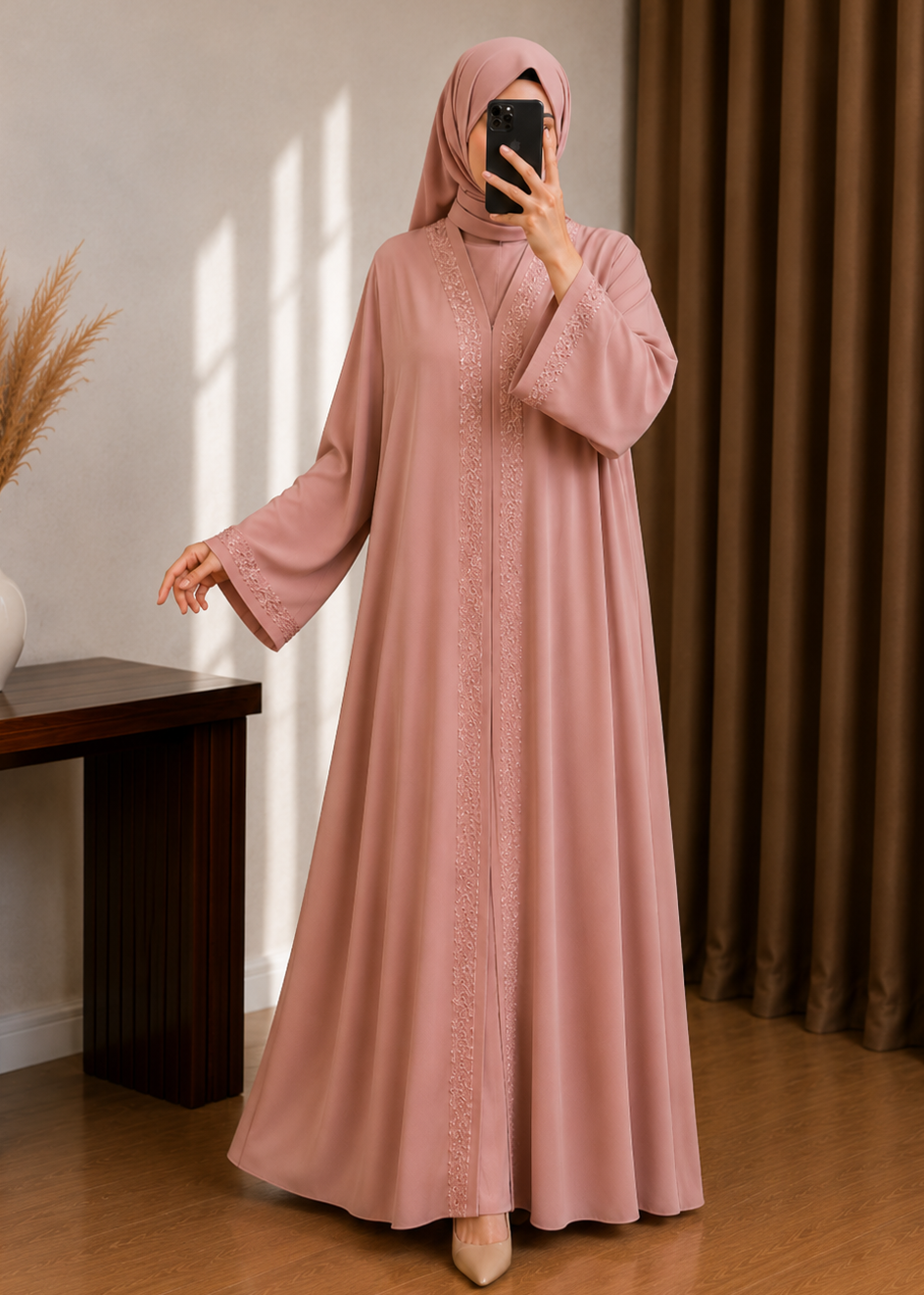 AAMNAH FRONT OPEN ABAYA | PEACH