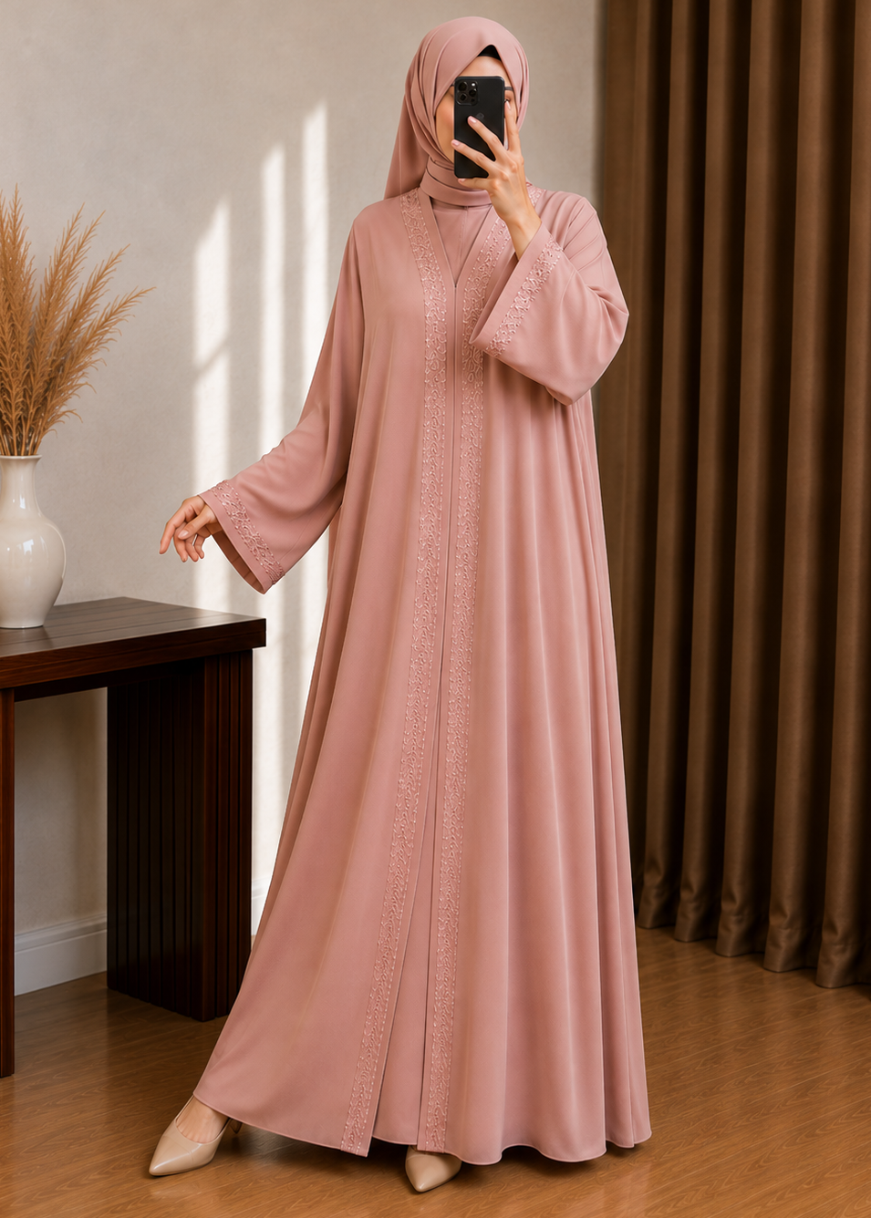 AAMNAH FRONT OPEN ABAYA | PEACH