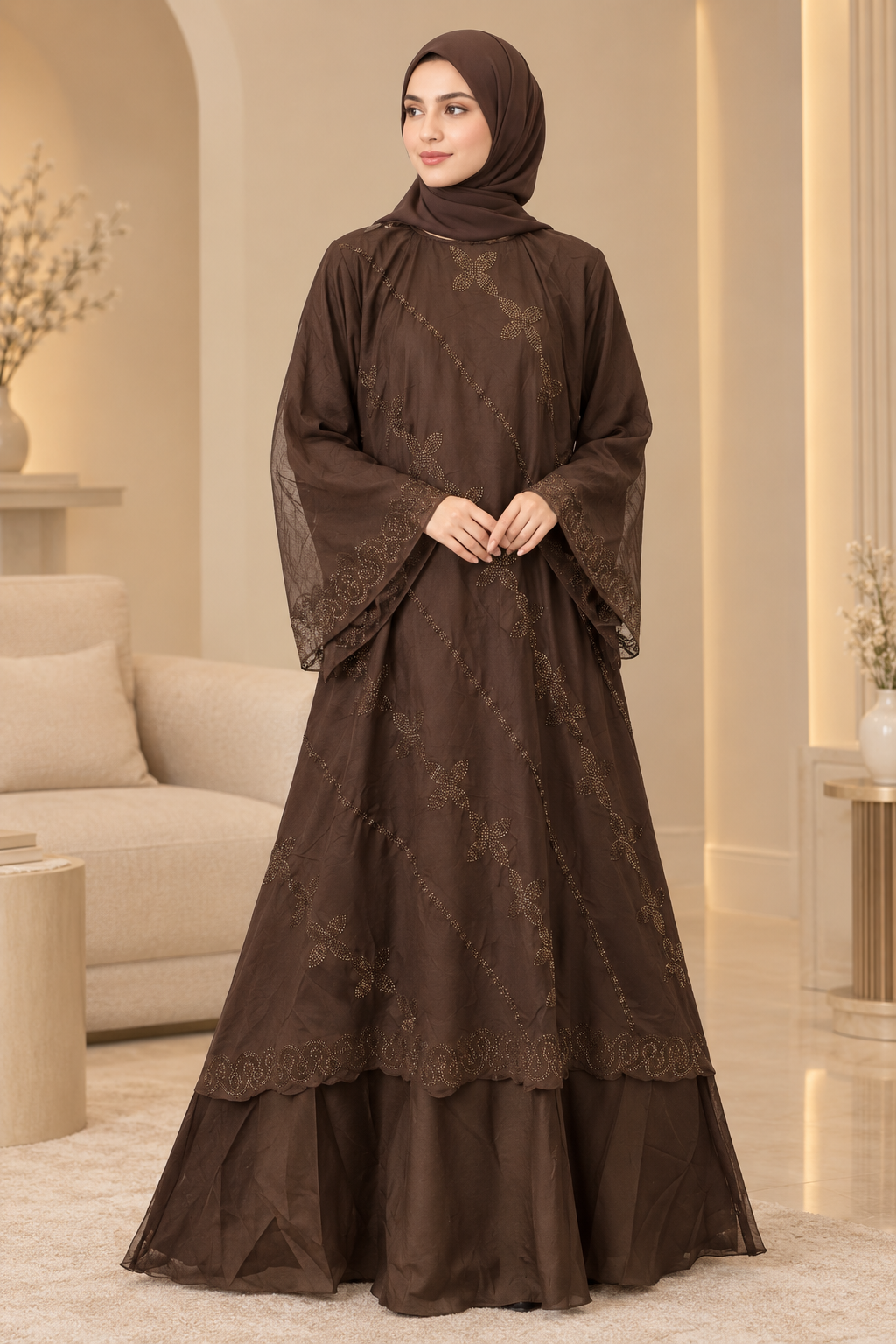 047 - MEHAR FLARED ABAYA | CAMEL BROWN
