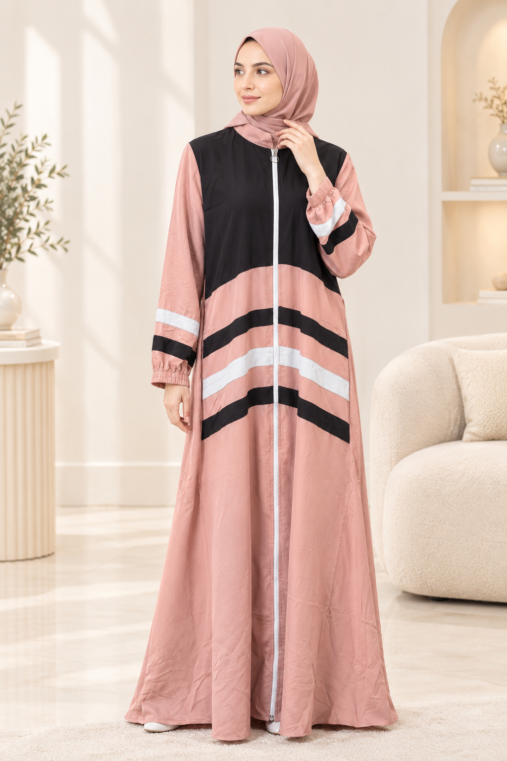 051 - YUMNA FULLY STRIPED ABAYA | PEACH