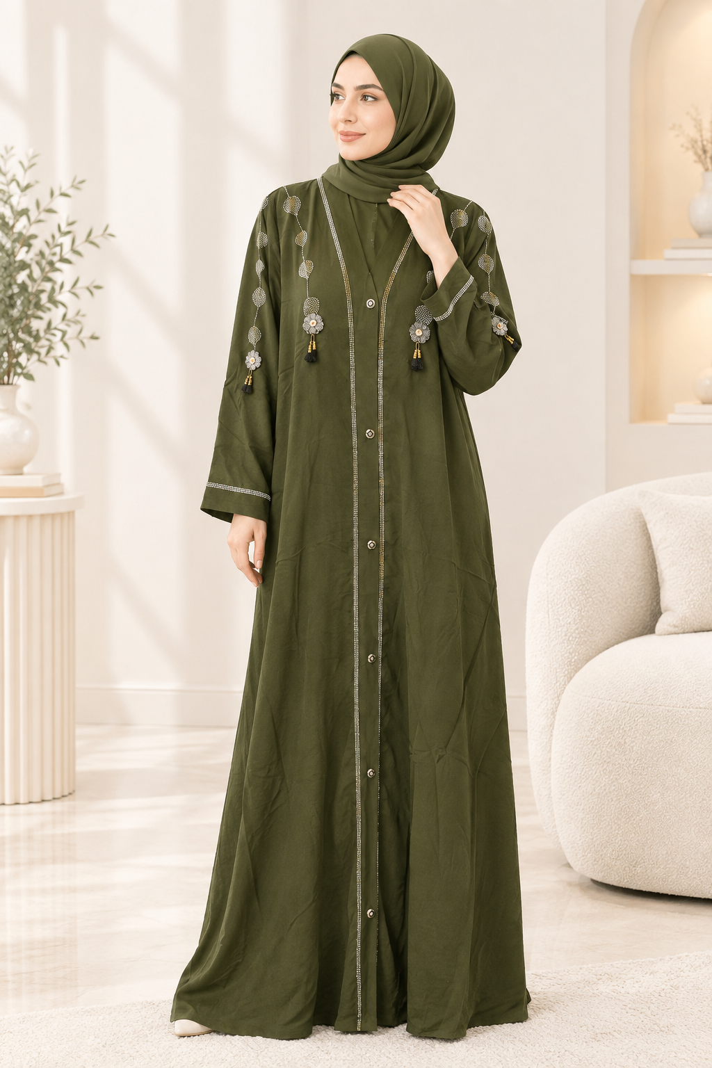 053 - ROOMA STONE WORK ABAYA | OLIVE