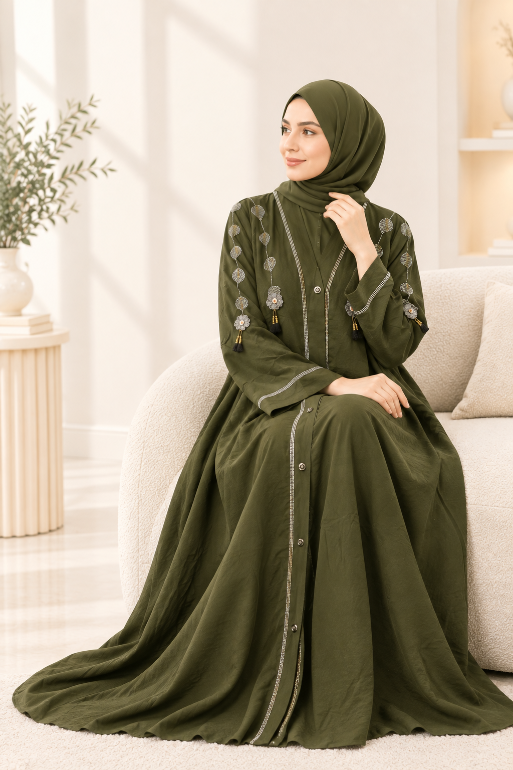 053 - ROOMA STONE WORK ABAYA | OLIVE