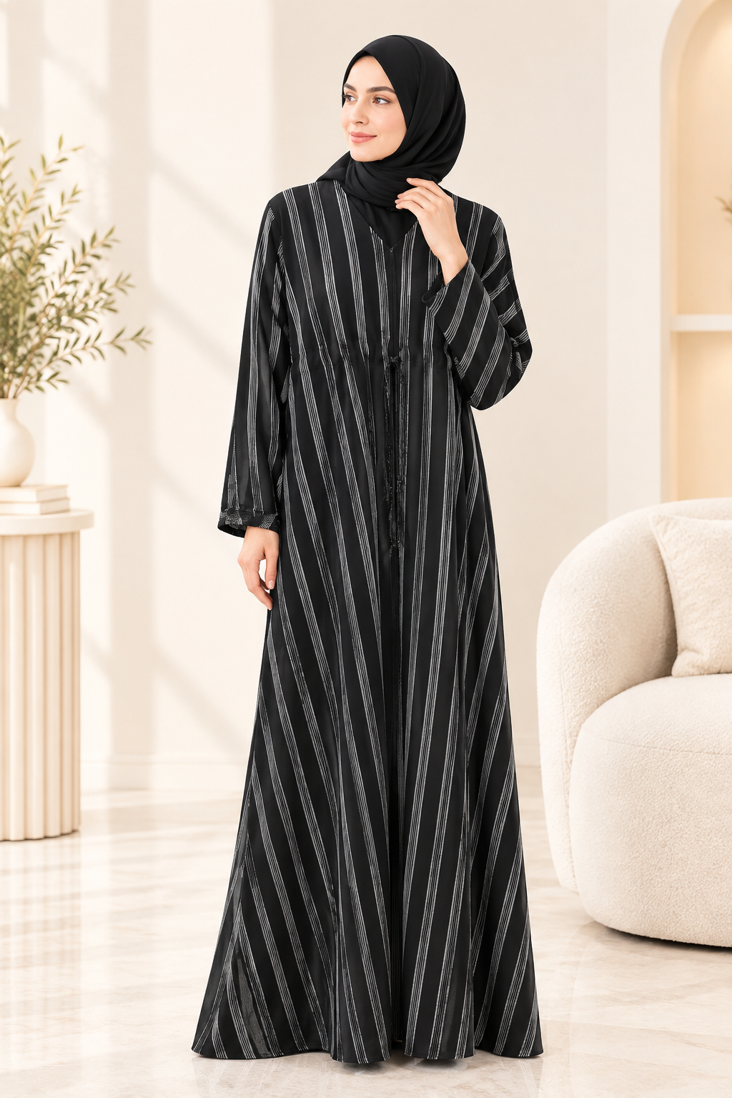054 - FAQIYA WHITE STRIPPED ABAYA | BLACK