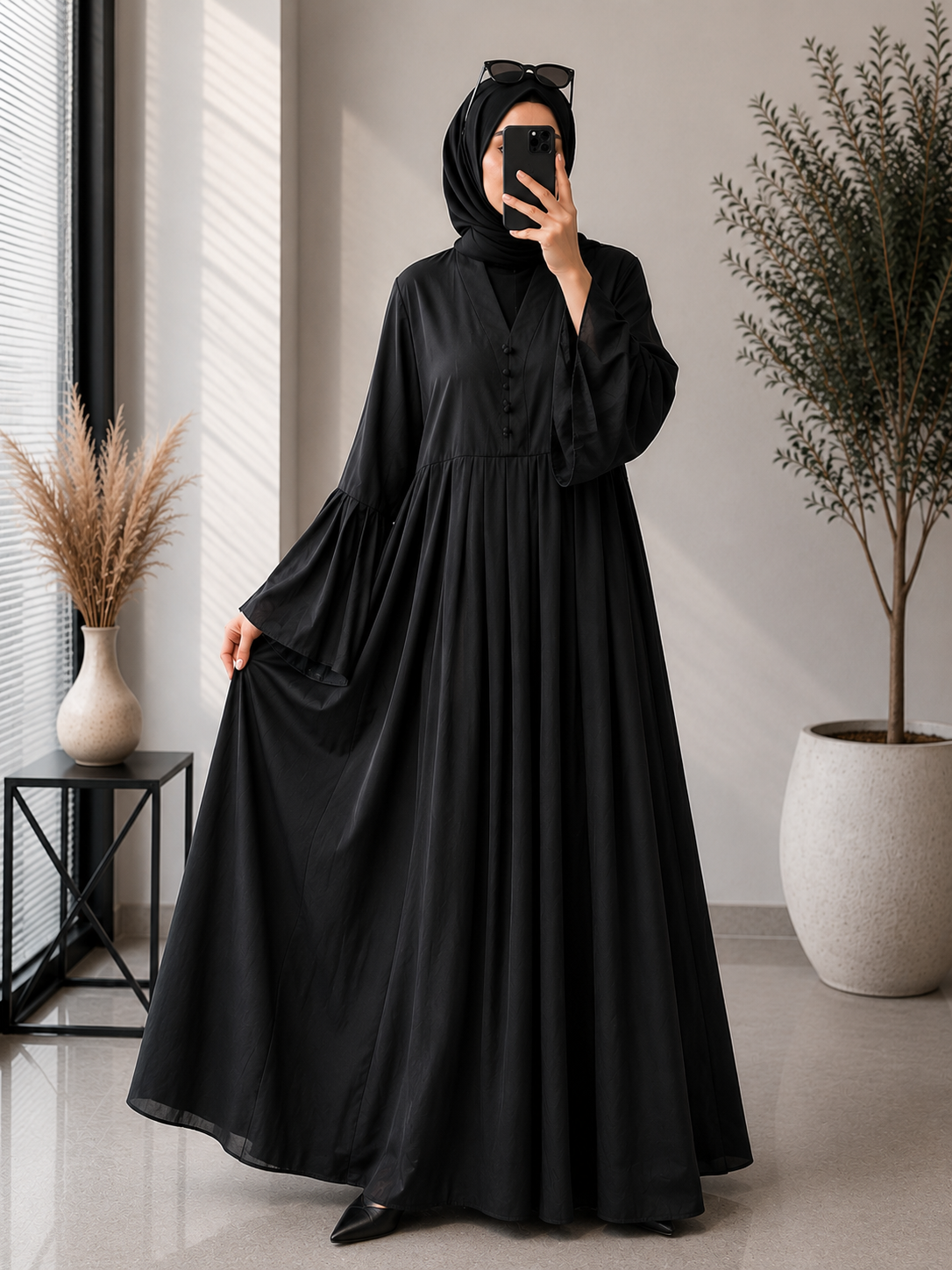 3113 - SANAH PLEATED ABAYA | BLACK