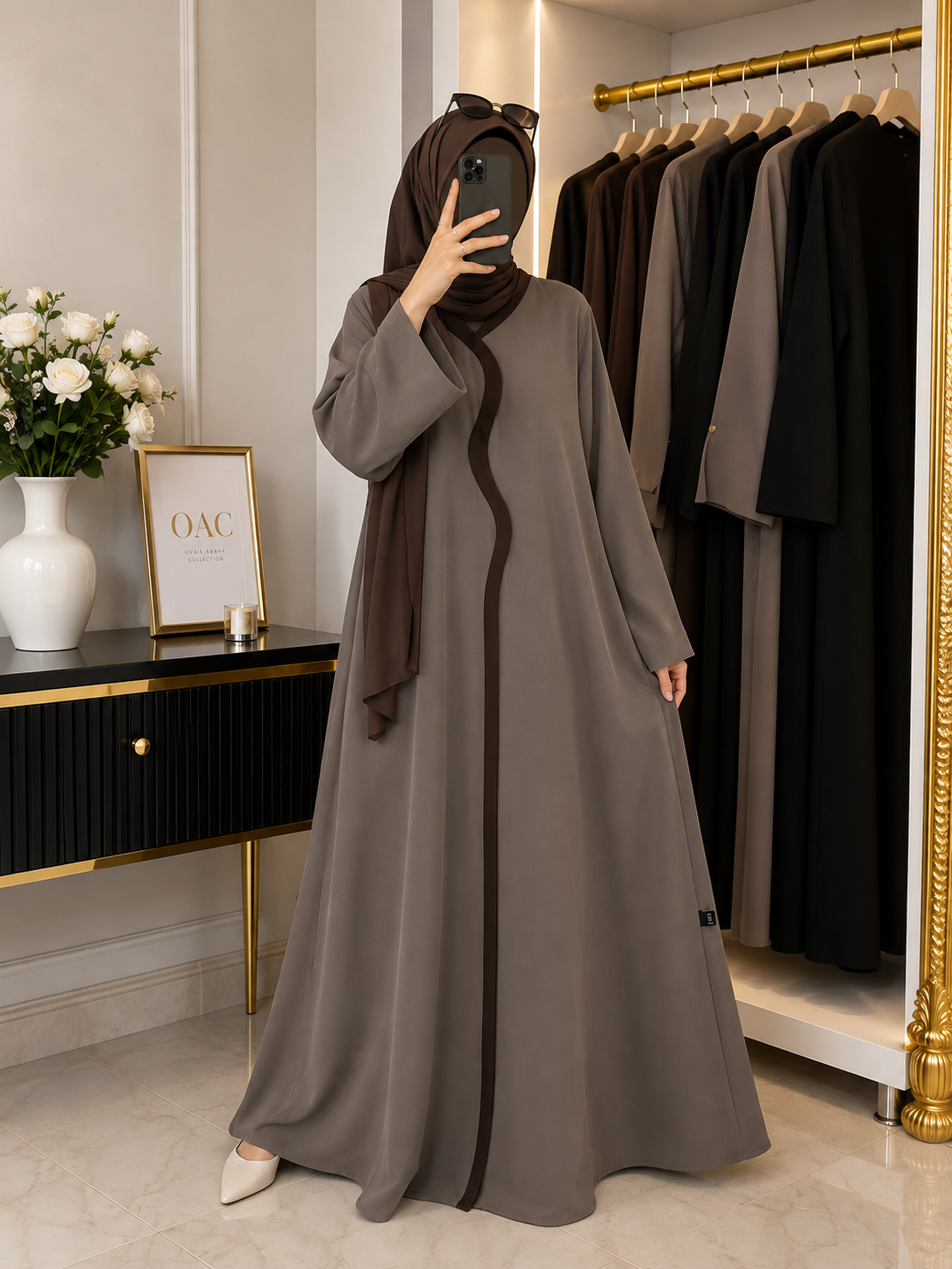 RUBEENA FRONT OPEN ABAYA | COFFEE
