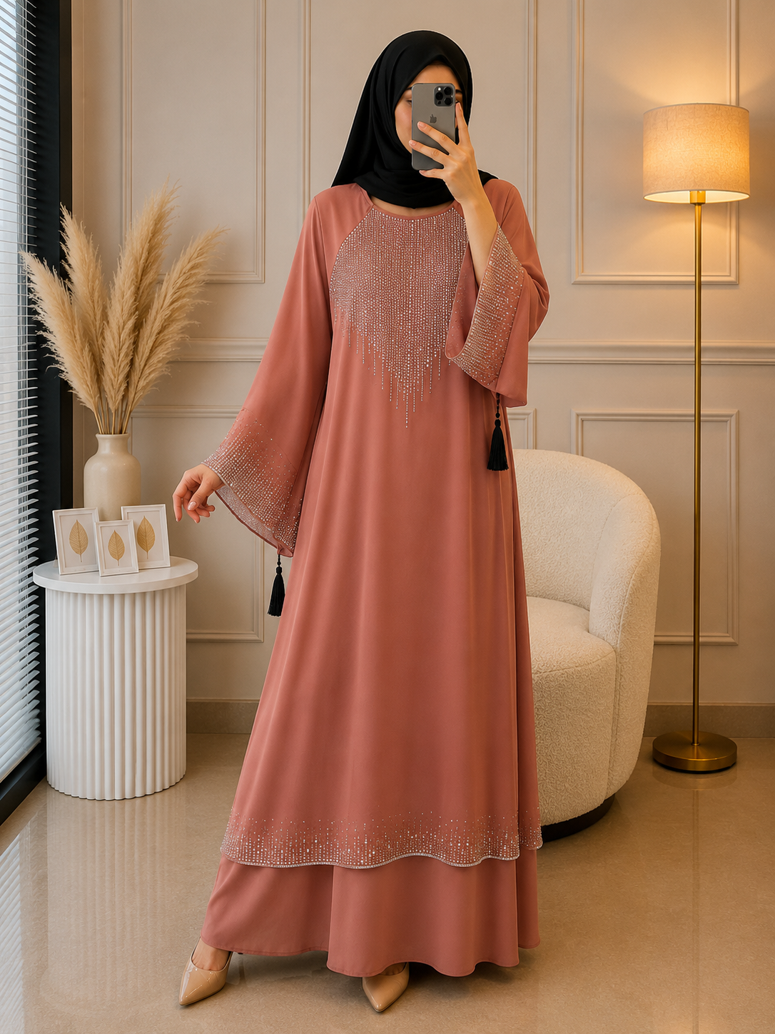 7758 - MEHNAZ STONEWORK ABAYA | PEACH