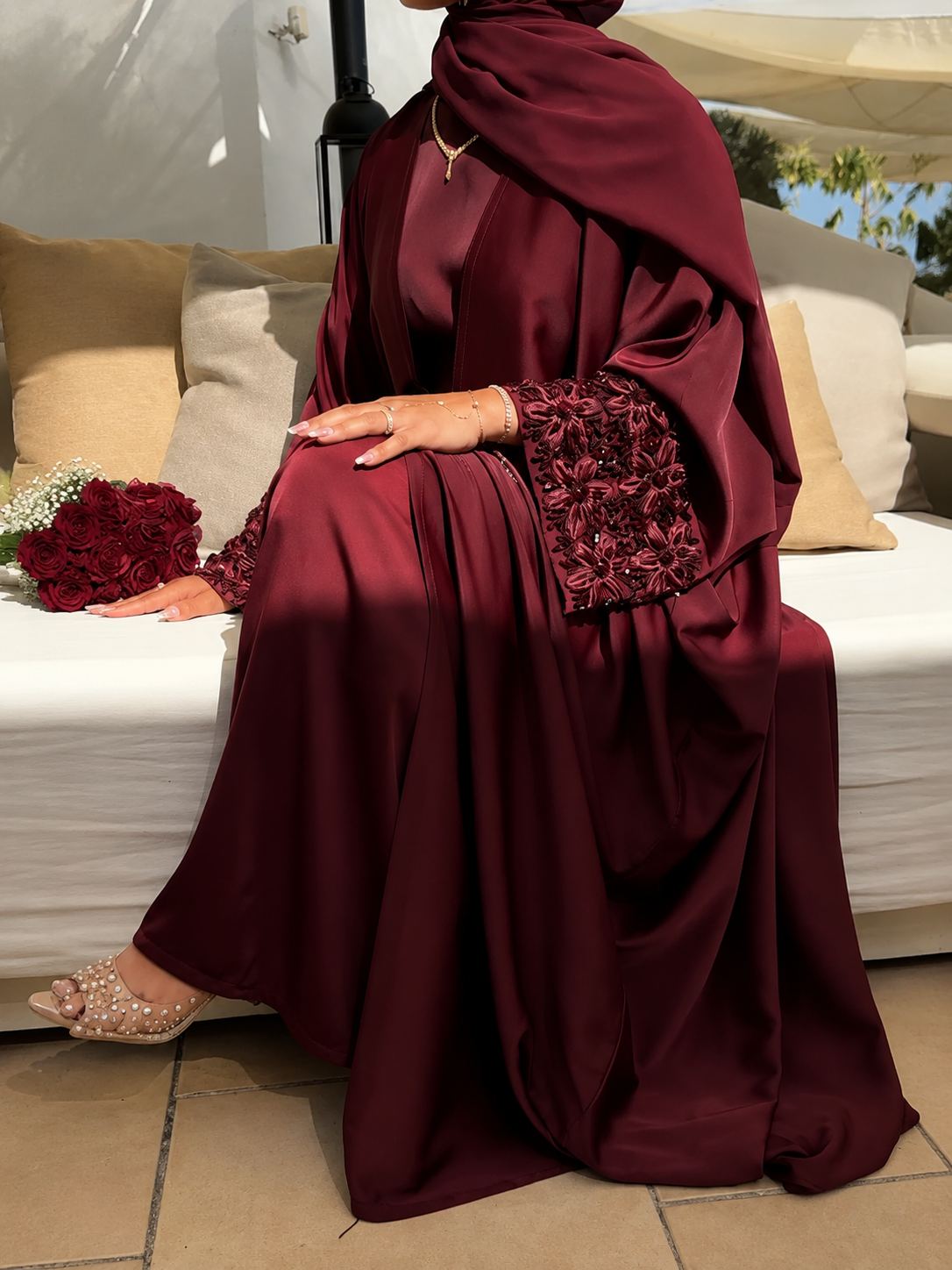 ZENA FLORAL HANDWORK ABAYA | RED