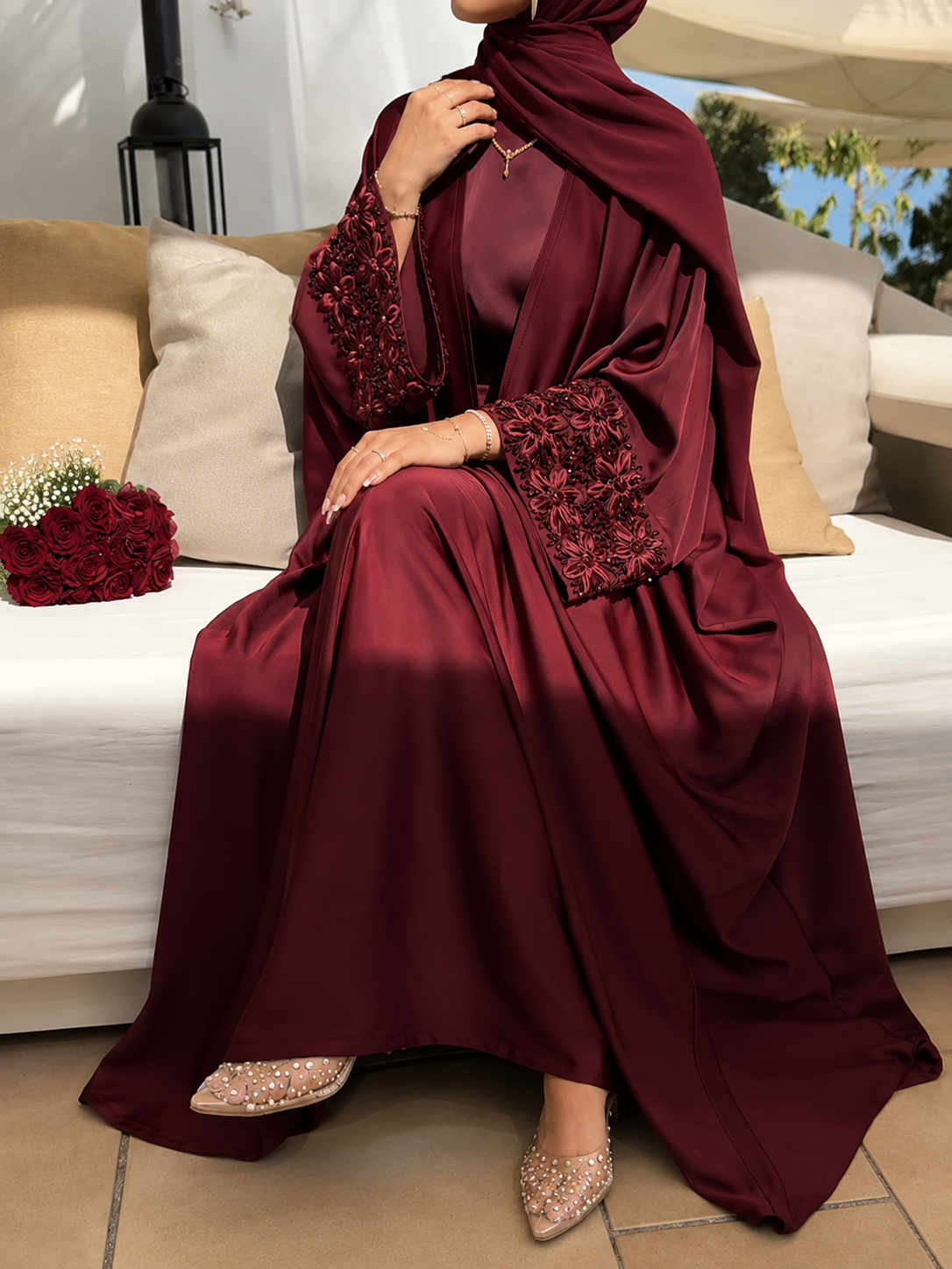 ZENA FLORAL HANDWORK ABAYA | RED