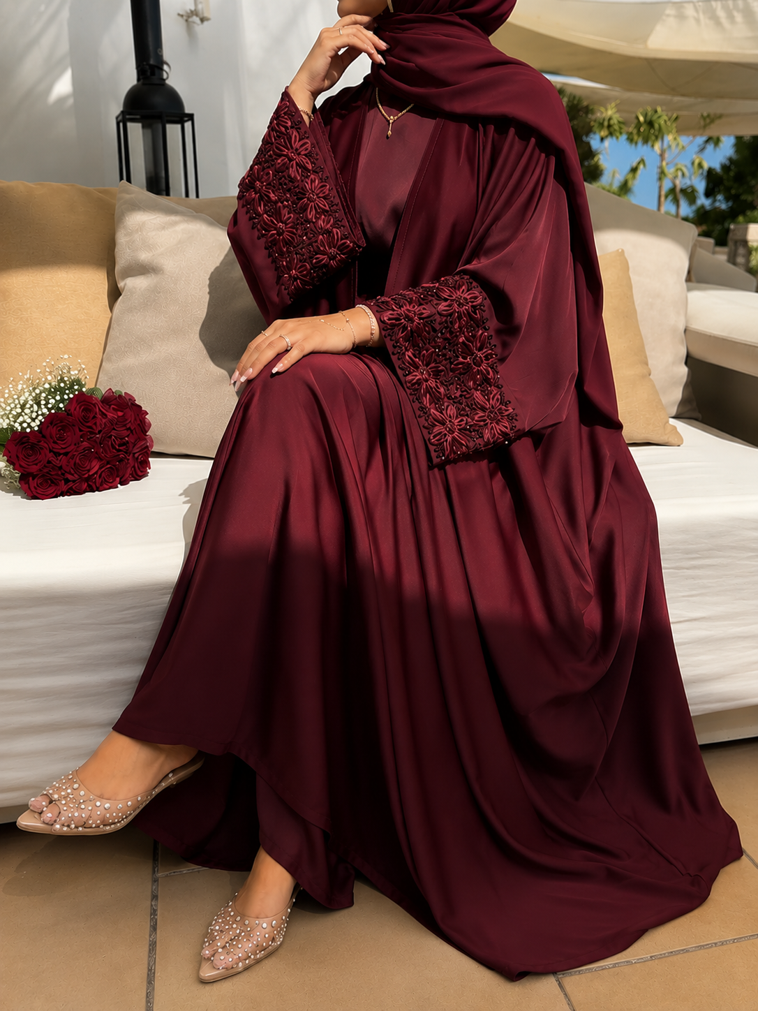 ZENA FLORAL HANDWORK ABAYA | RED