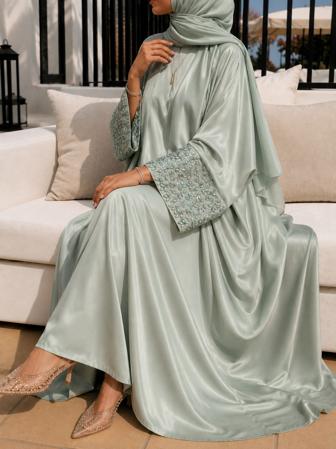 ZENA FLORAL HANDWORK ABAYA | SEA GREEN