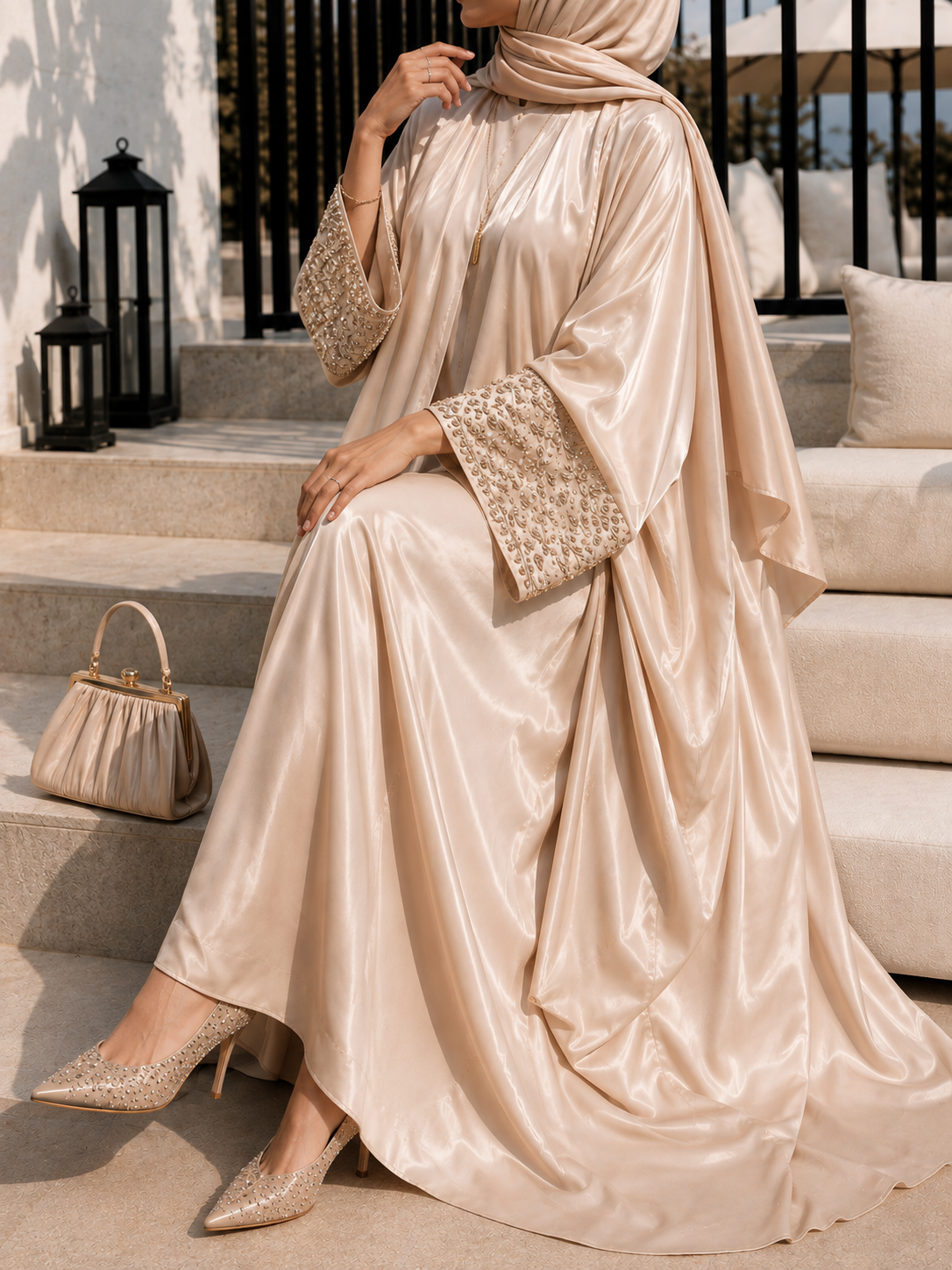 ZENA FLORAL HANDWORK ABAYA | NUDE