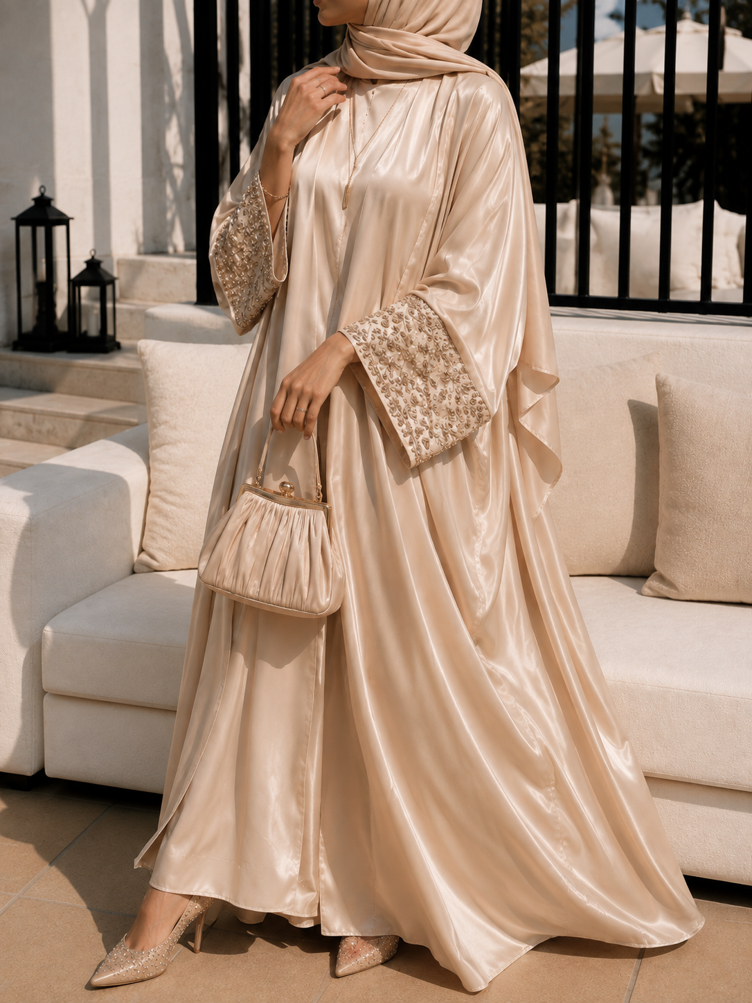 ZENA FLORAL HANDWORK ABAYA | NUDE