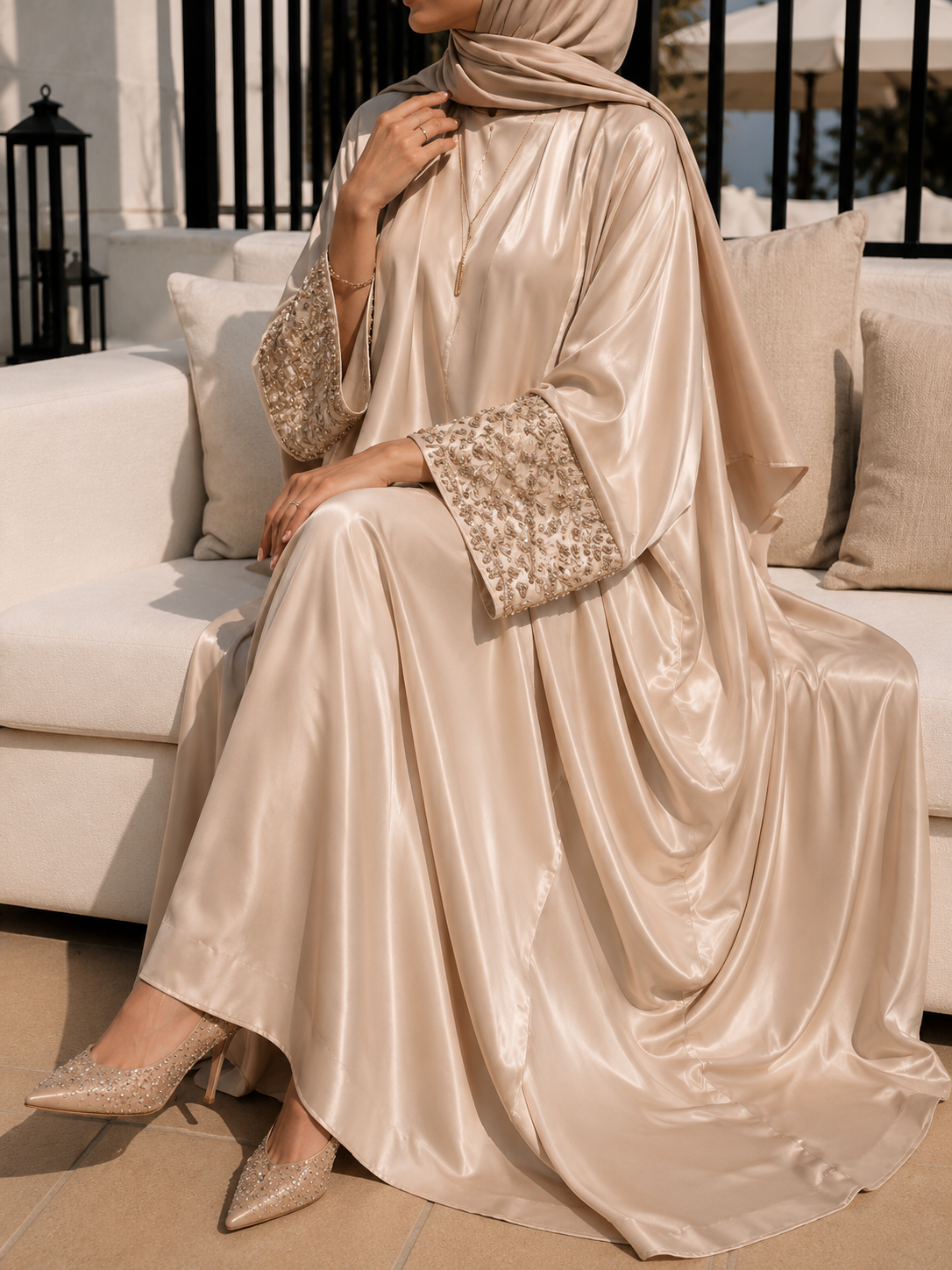 ZENA FLORAL HANDWORK ABAYA | NUDE