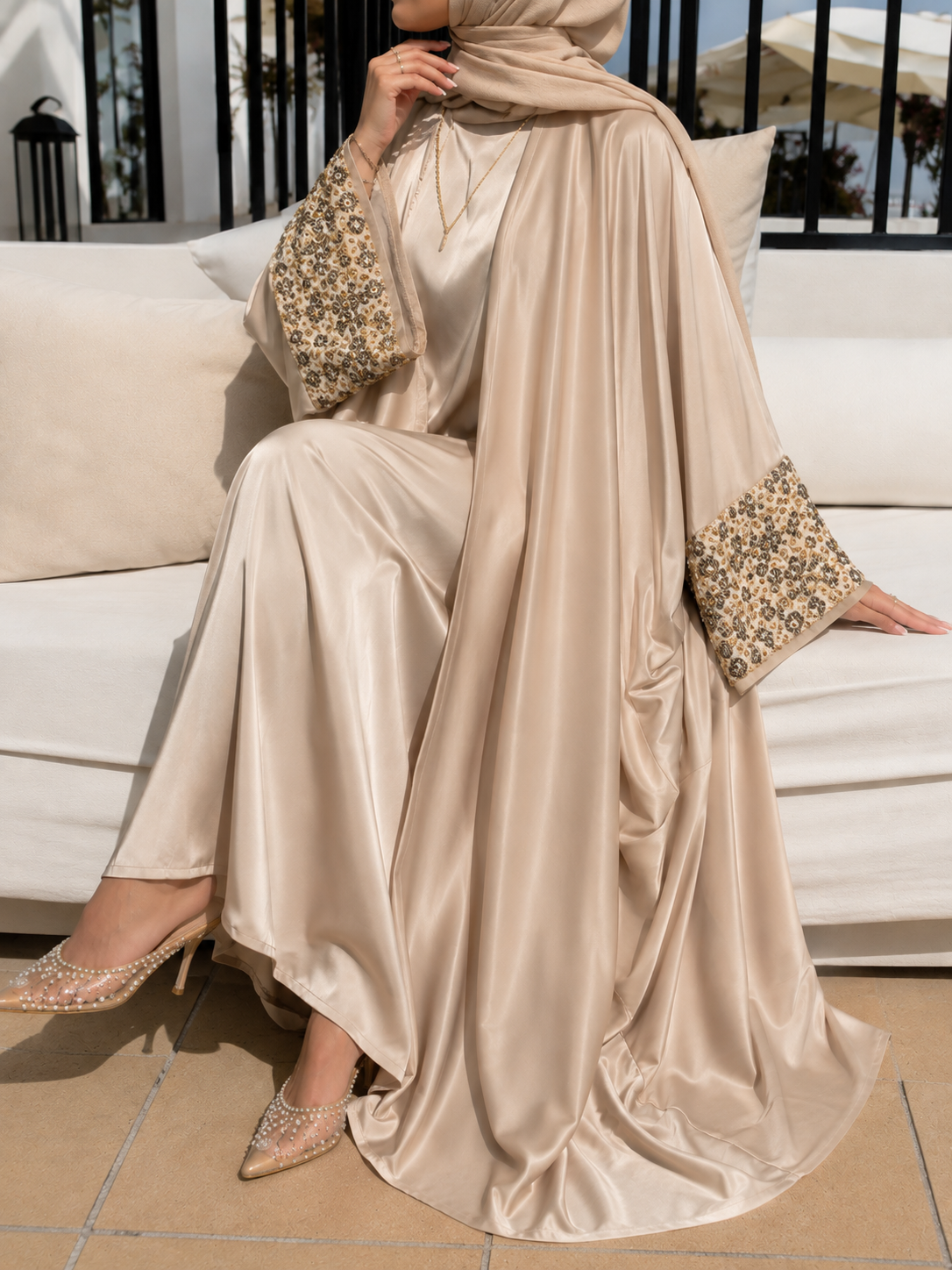 ZENA FLORAL HANDWORK ABAYA | NUDE