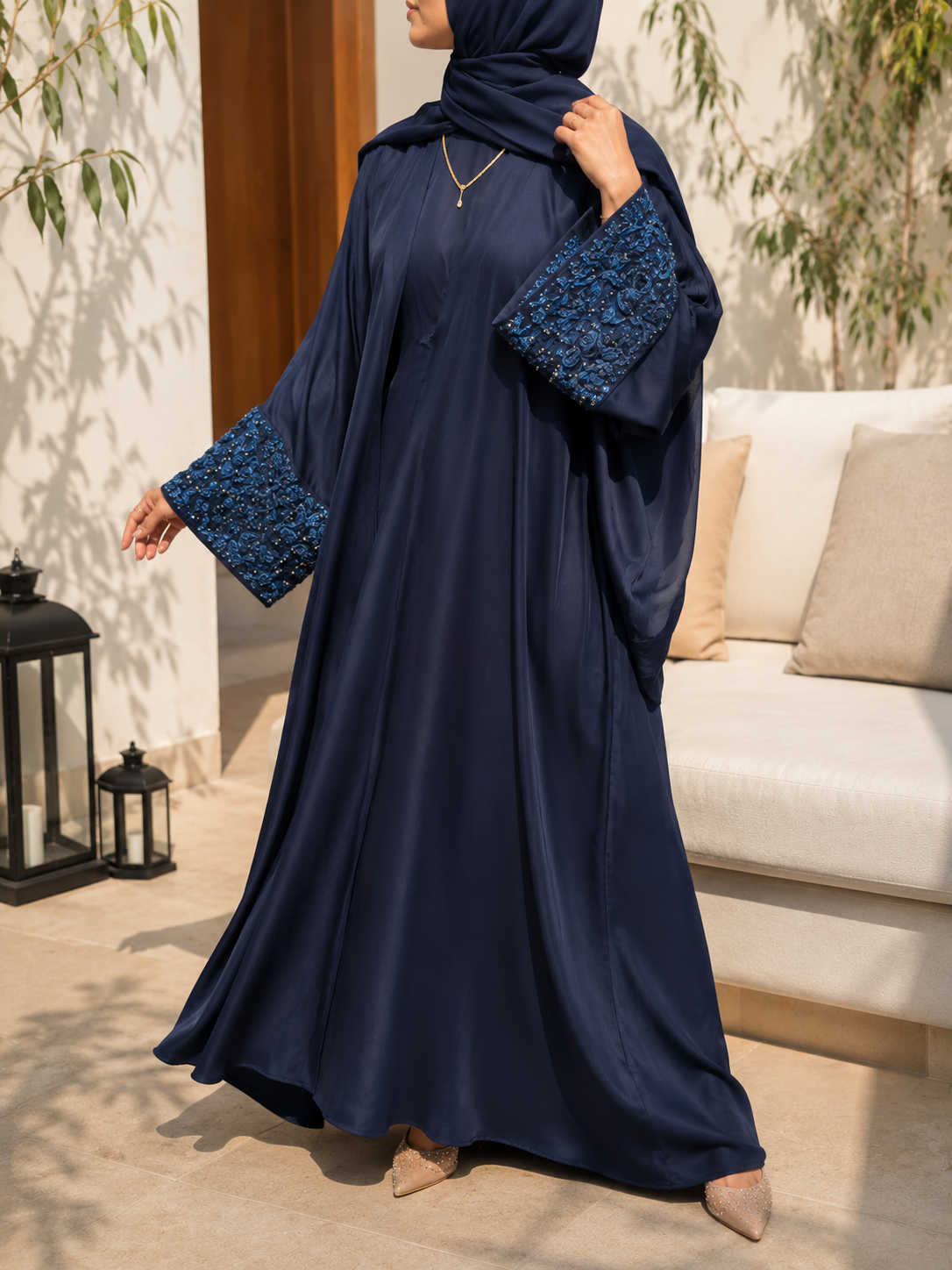 ZENA FLORAL HANDWORK ABAYA | NAVY BLUE
