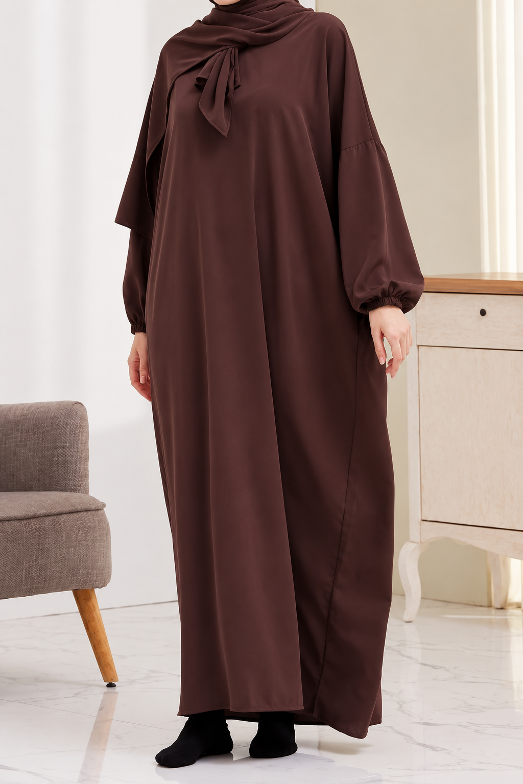HEEBA LASTIC SLEEVE ABAYA | COFFEE