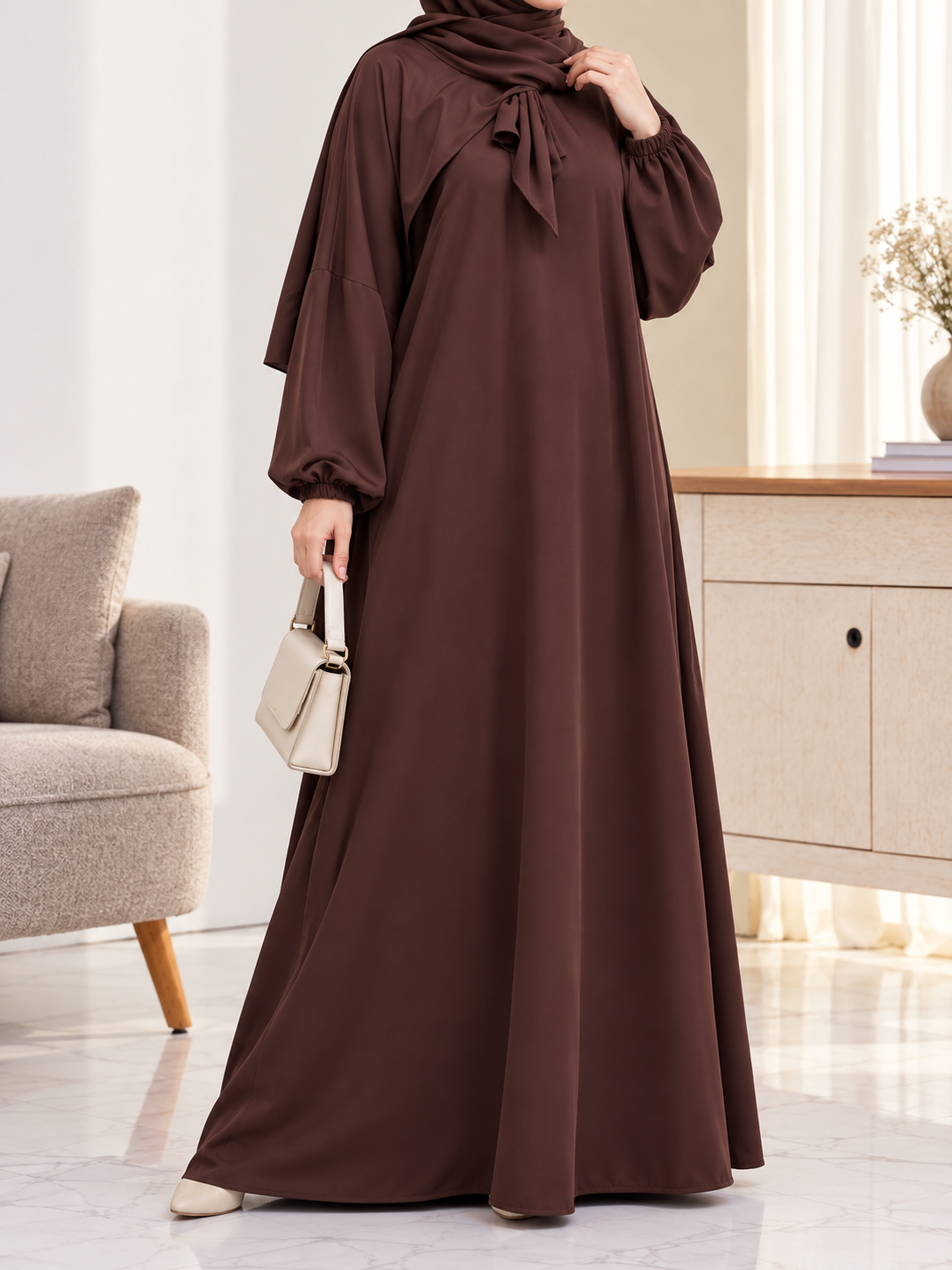HEEBA LASTIC SLEEVE ABAYA | COFFEE