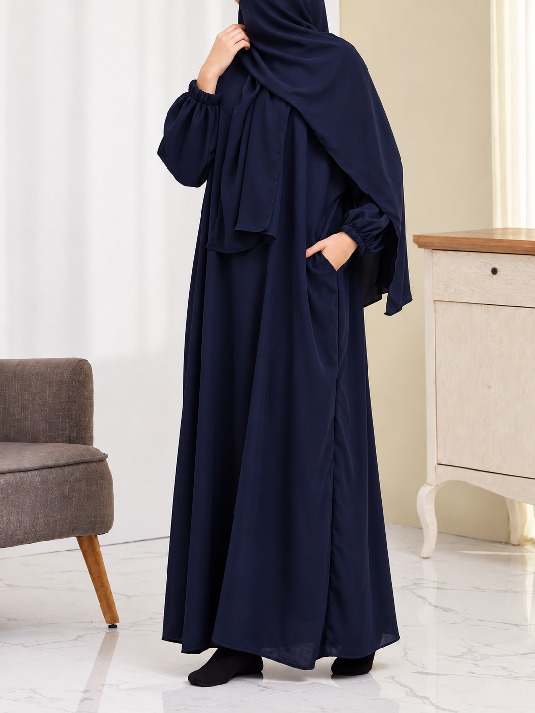 HEEBA LASTIC SLEEVE ABAYA | BLUE