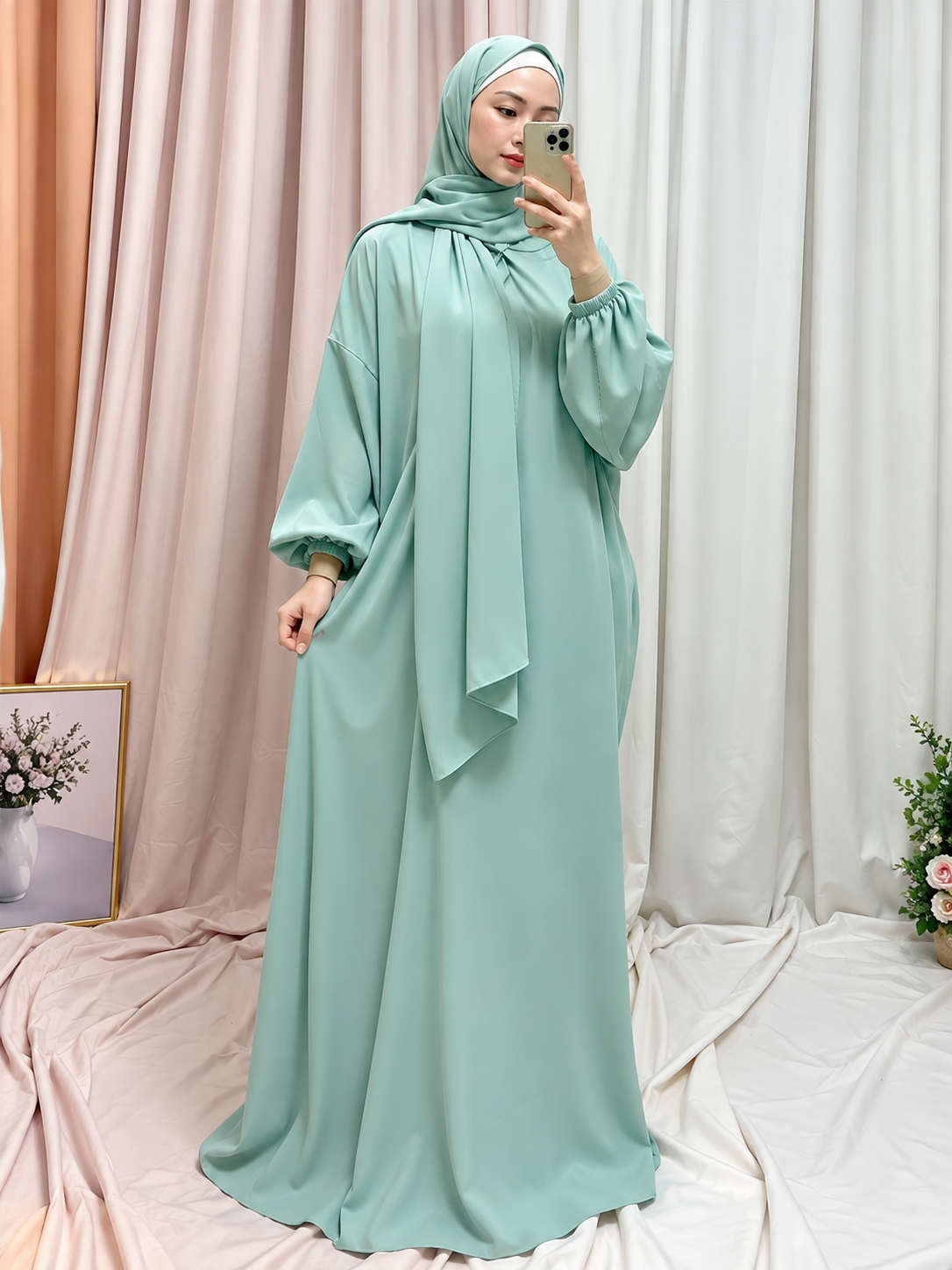 HEEBA LASTIC SLEEVE ABAYA | SEA GREEN