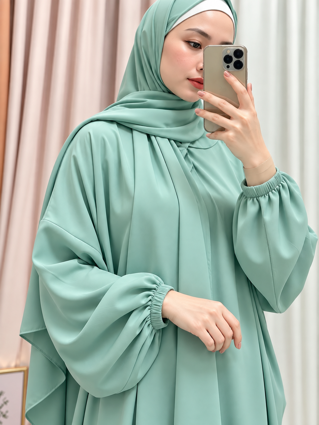 HEEBA LASTIC SLEEVE ABAYA | SEA GREEN