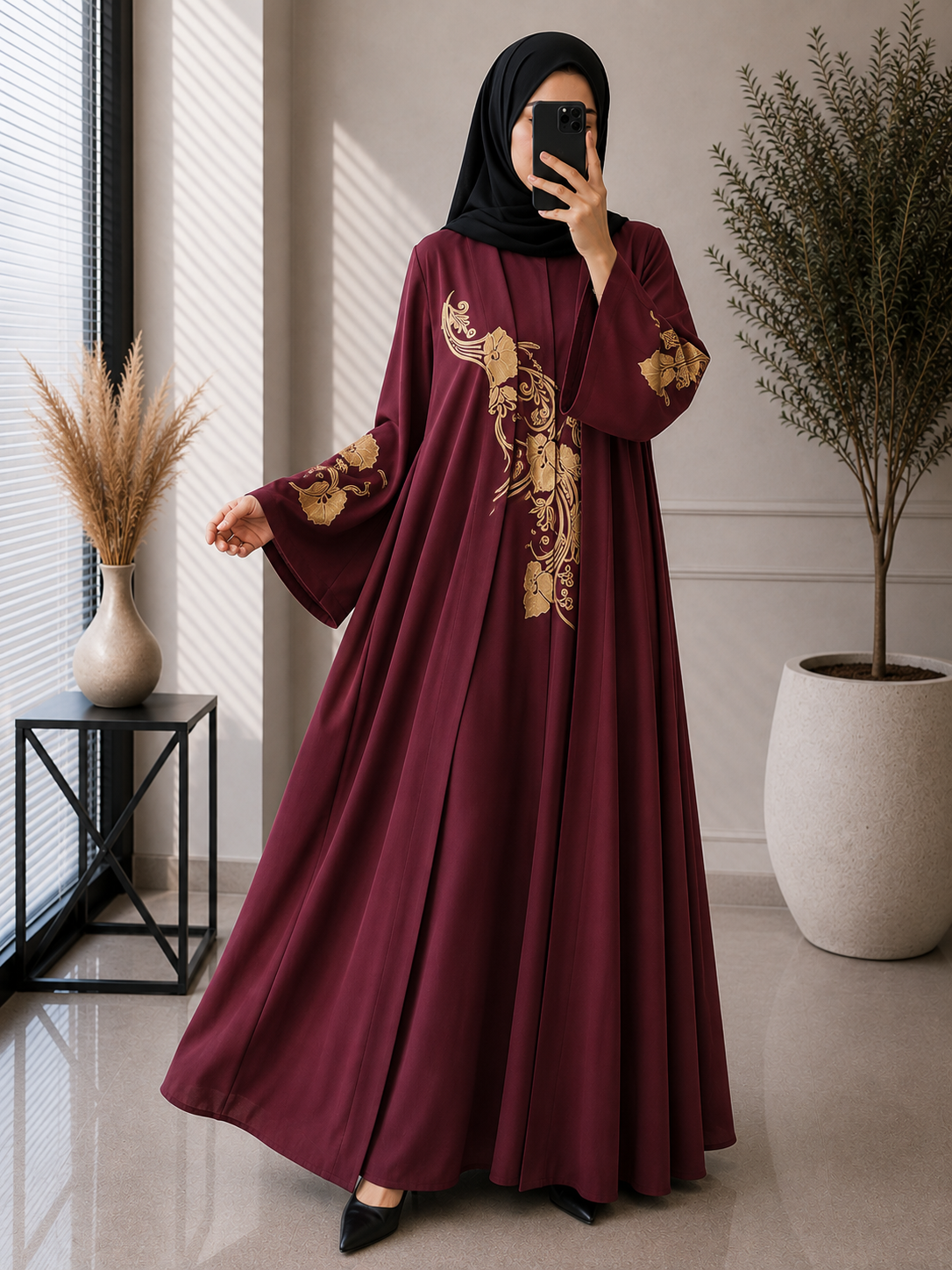 2004 - GOLDEN PRINTED ABAYA | MAROON