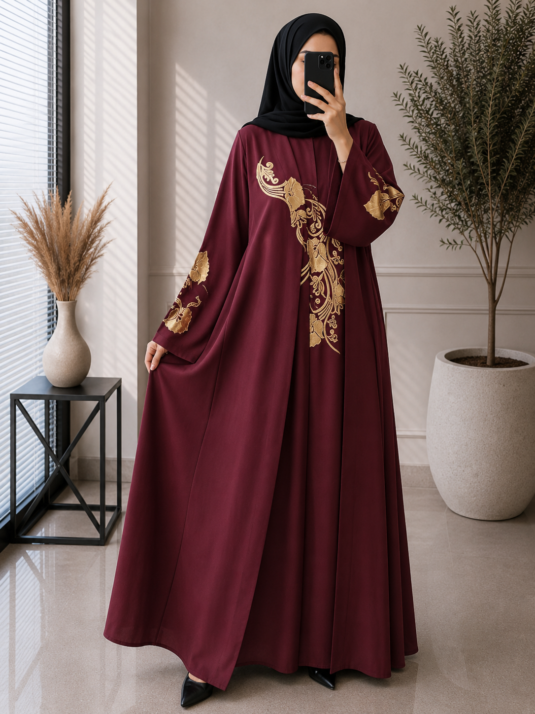 2004 - GOLDEN PRINTED ABAYA | MAROON