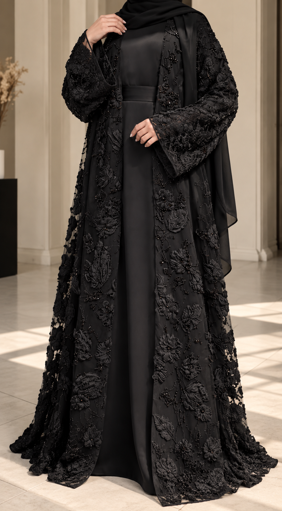 VELOURA DOUBLE SHRUG ABAYA | BLACK