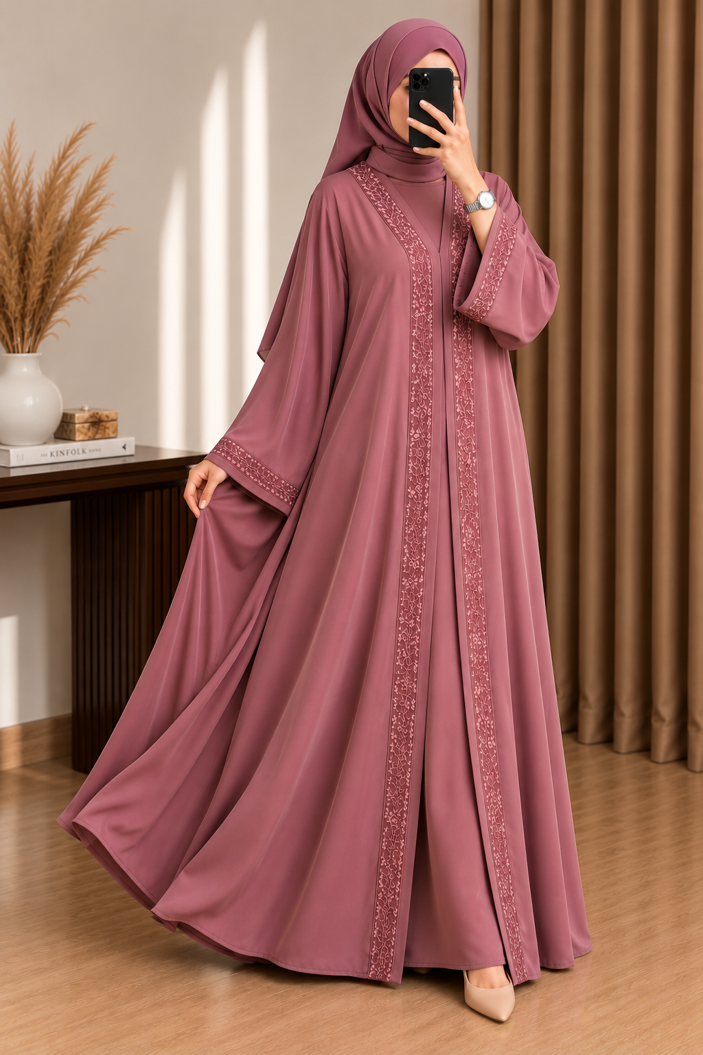 AAMNAH FRONT OPEN ABAYA | DUSTY PINK