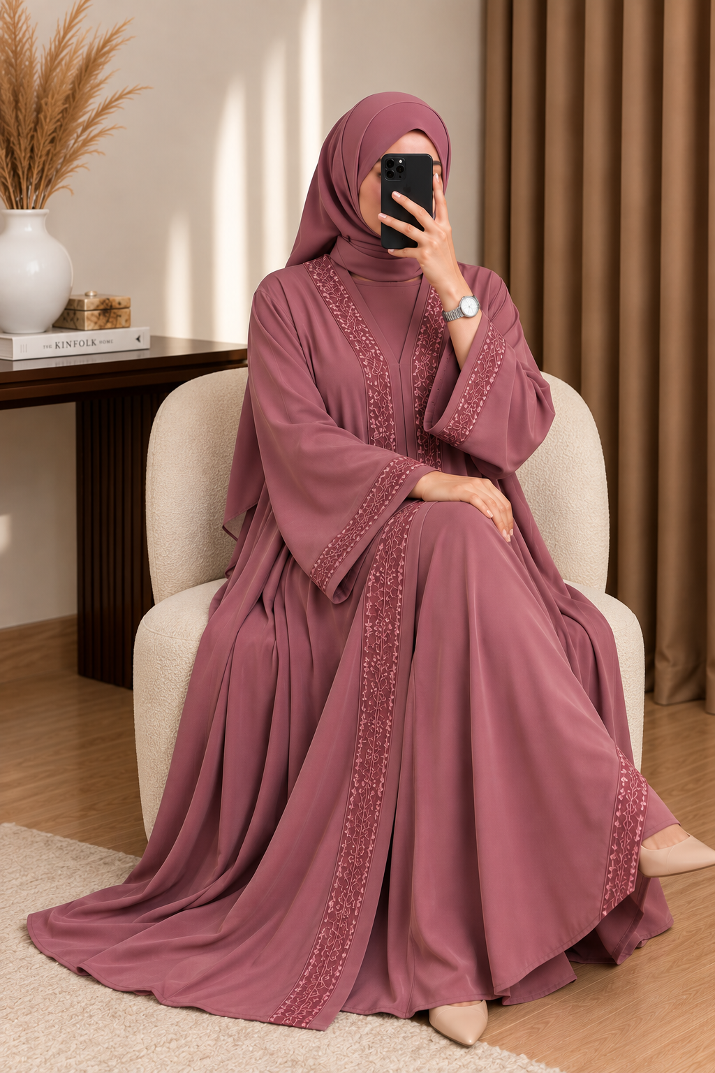 AAMNAH FRONT OPEN ABAYA | DUSTY PINK