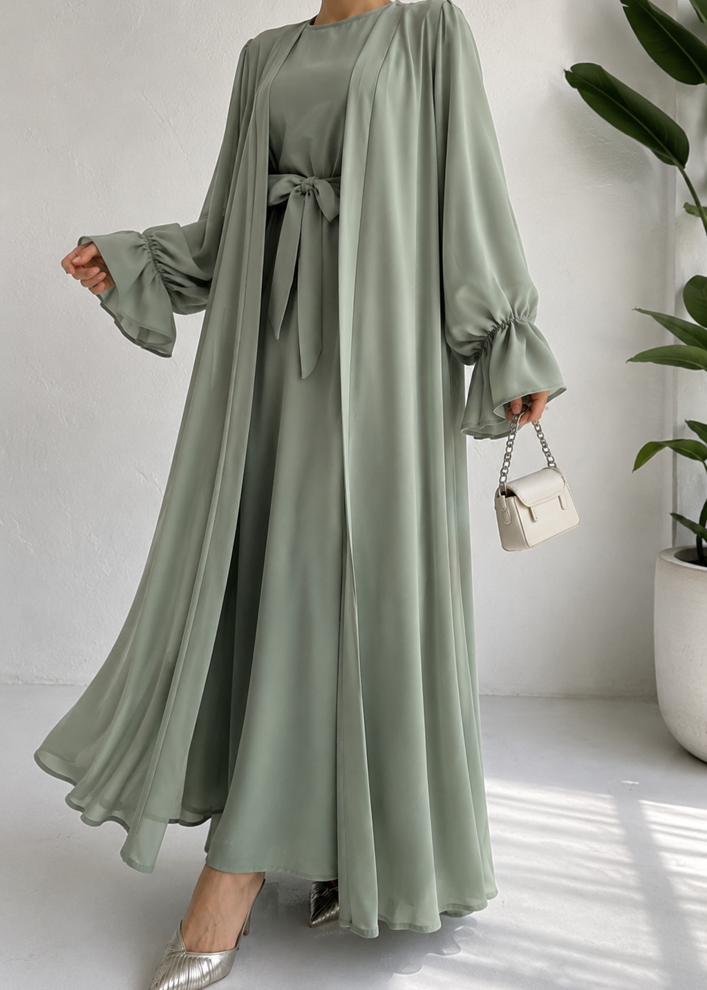 EBRAH DOUBLE SHRUG ABAYA | PISTA GREEN