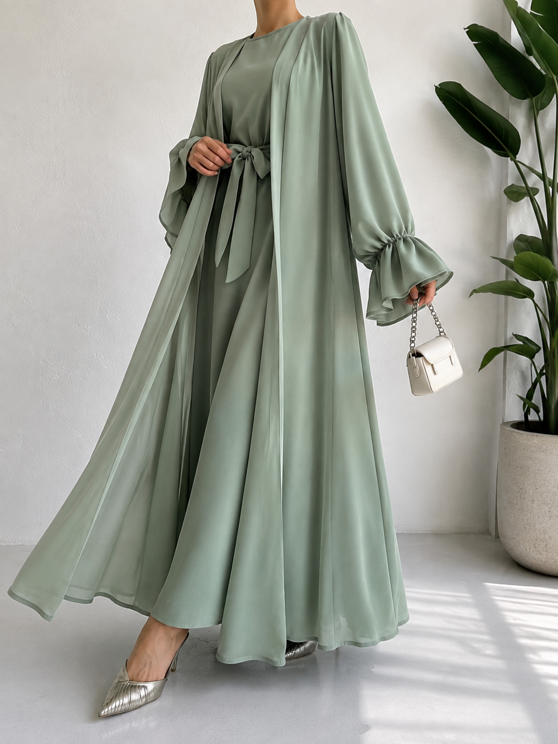 EBRAH DOUBLE SHRUG ABAYA | PISTA GREEN