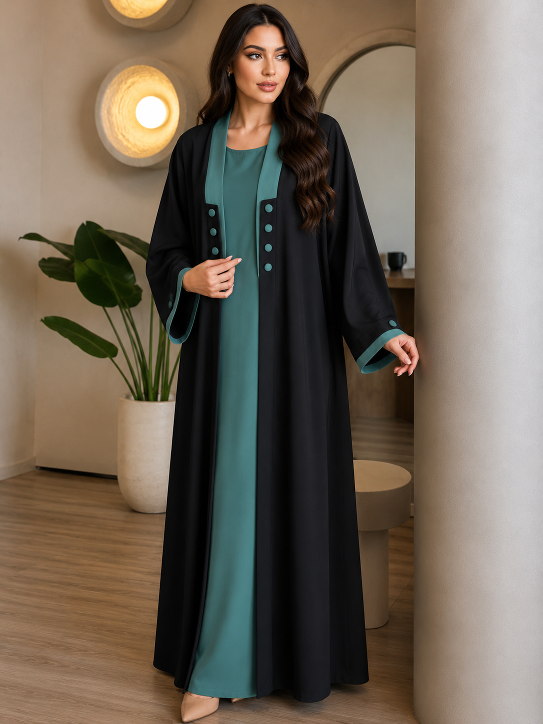 KEHKASHA DOUBLE SHRUG ABAYA | SEA GREEN