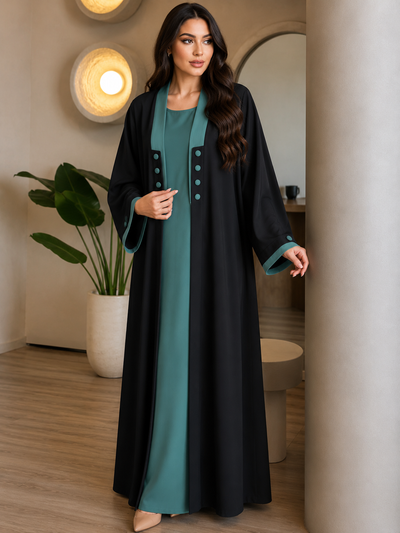 KEHKASHA DOUBLE SHRUG ABAYA | SEA GREEN