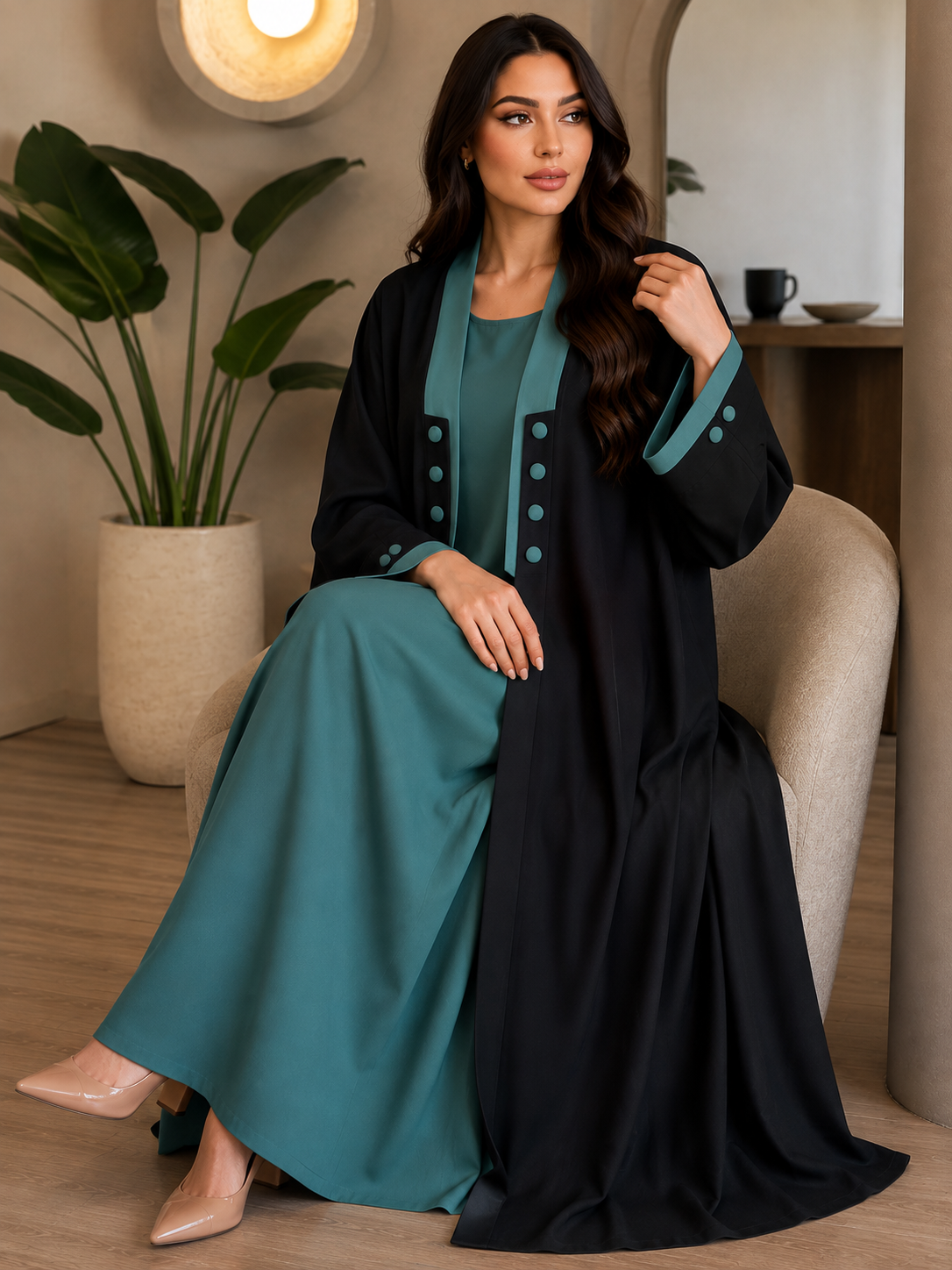 KEHKASHA DOUBLE SHRUG ABAYA | SEA GREEN