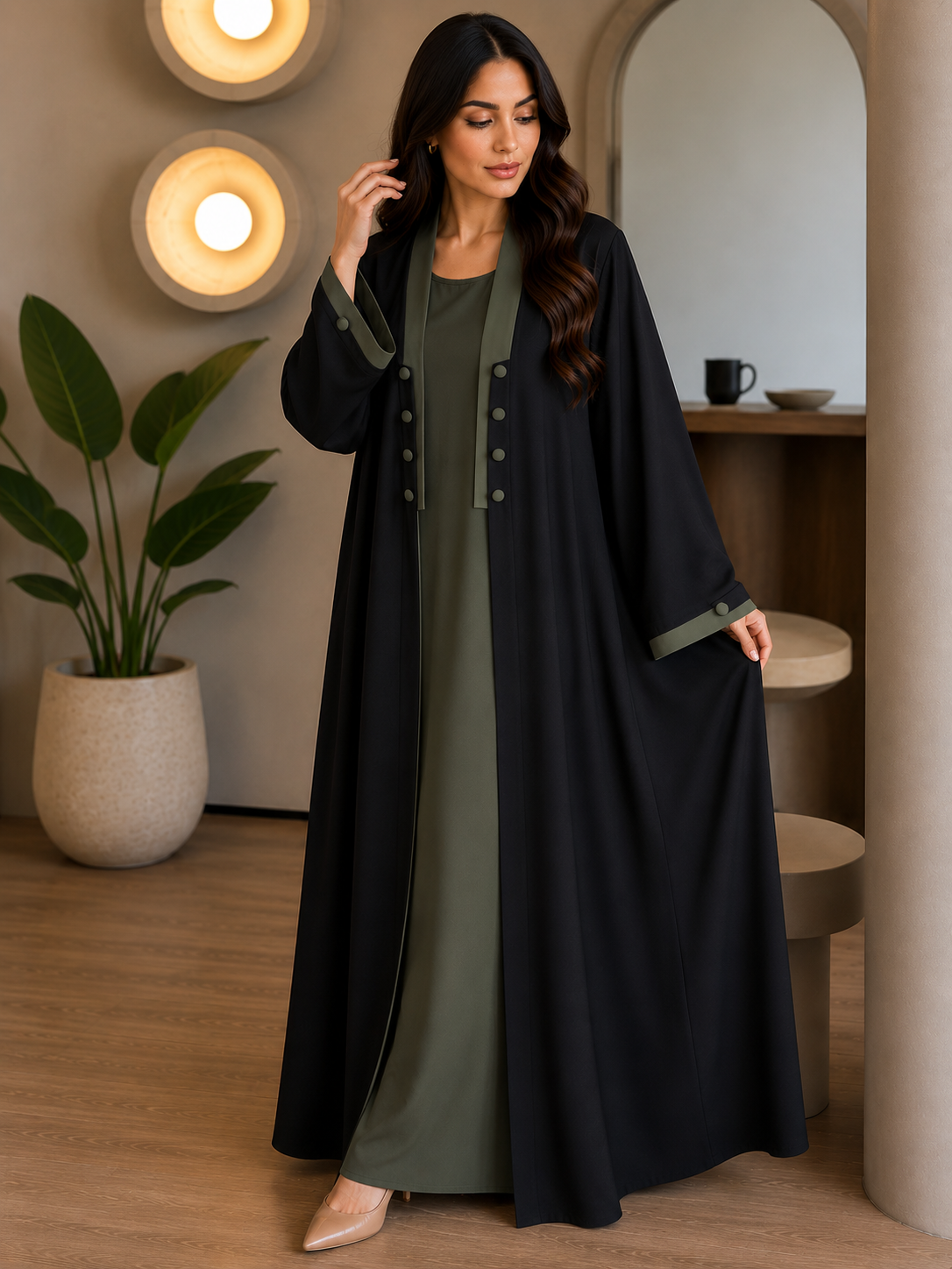 KEHKASHA DOUBLE SHRUG ABAYA | GREEN