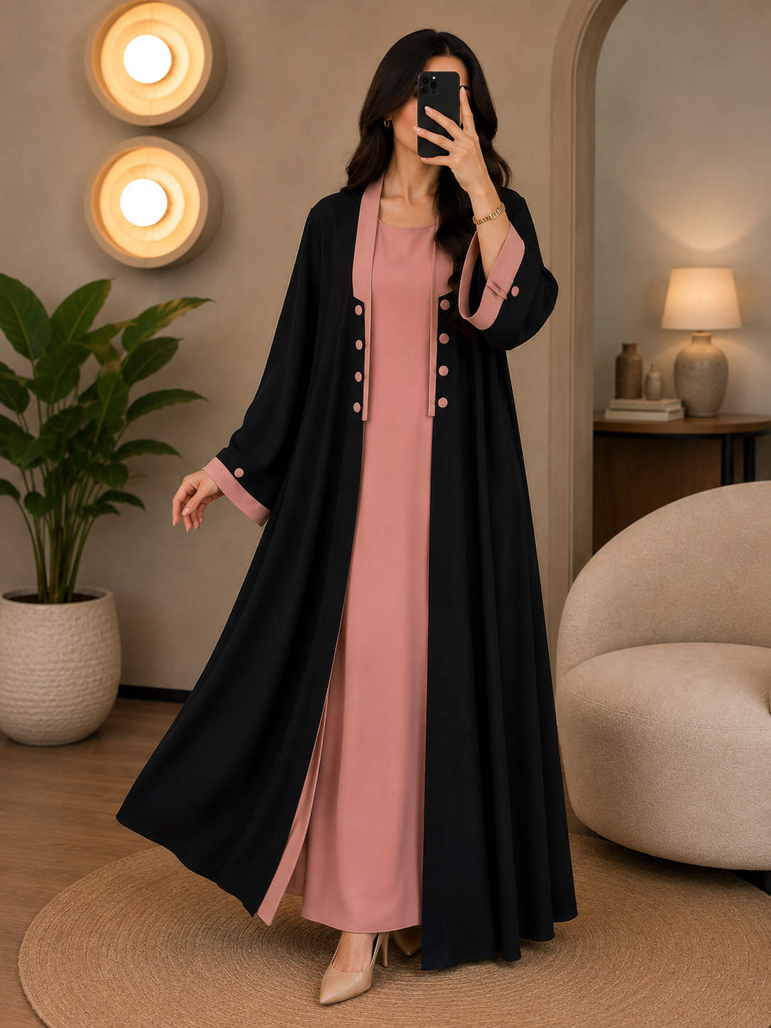 KEHKASHA DOUBLE SHRUG ABAYA | PEACH