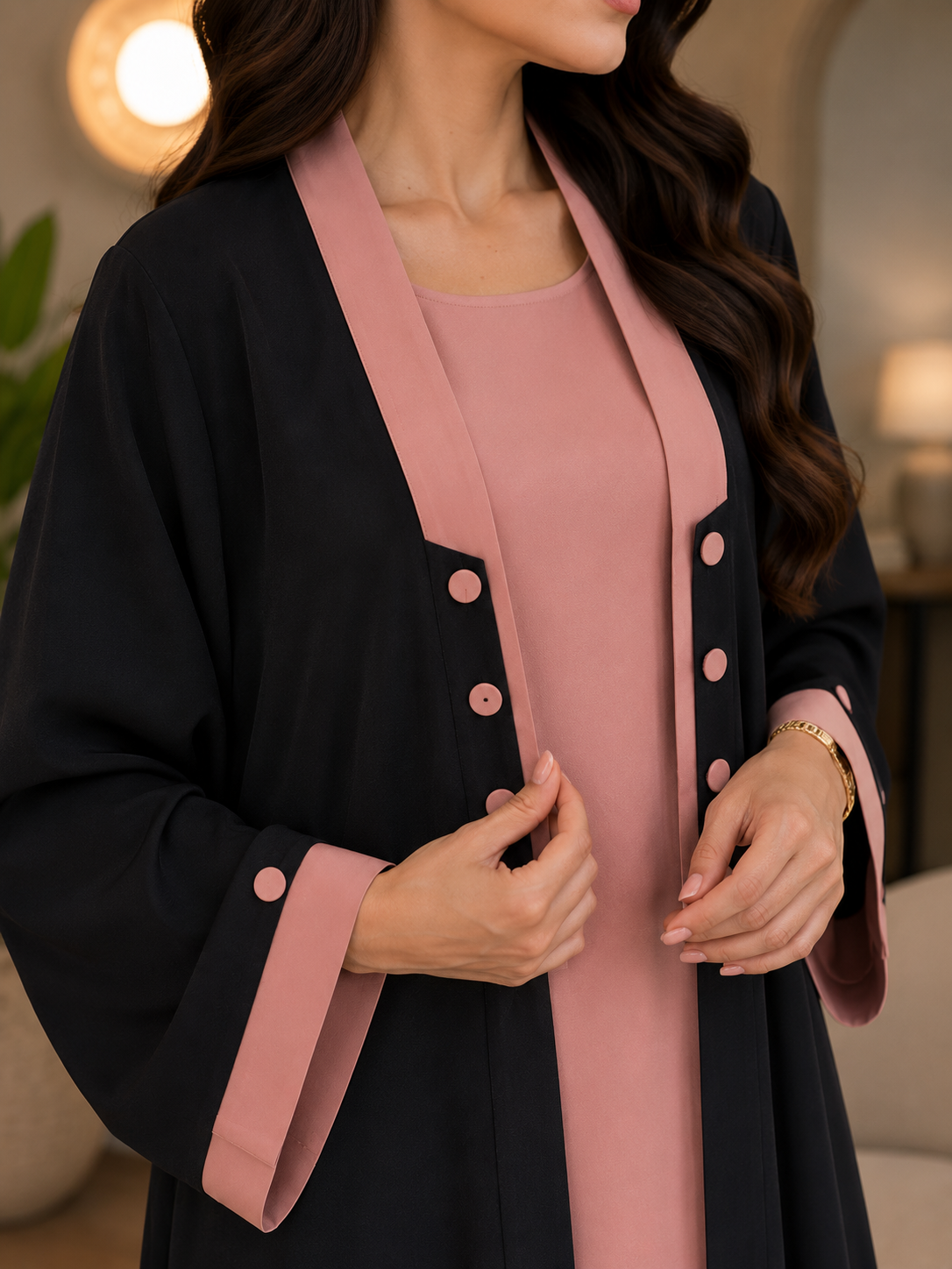KEHKASHA DOUBLE SHRUG ABAYA | PEACH