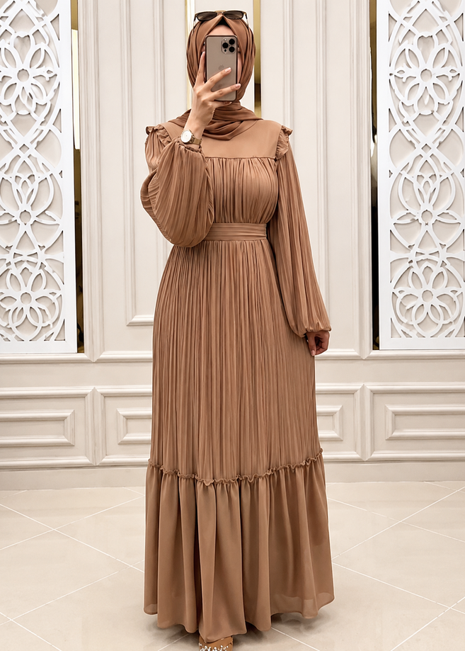 RIDA PLATED FRILL ABAYA | BEIGE