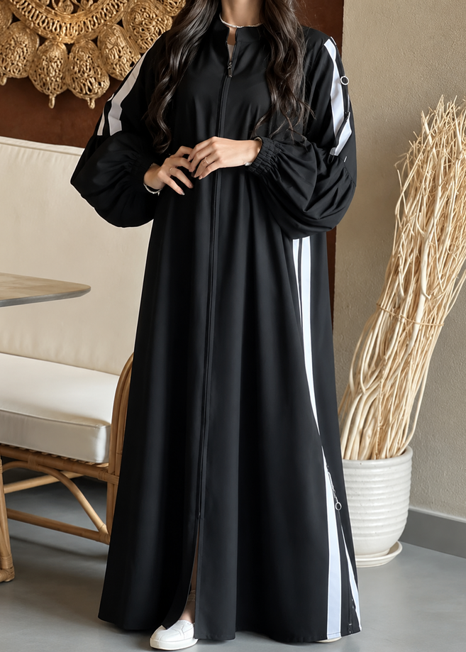 UROOJ WHITE STRIPS ZIPPER ABAYA