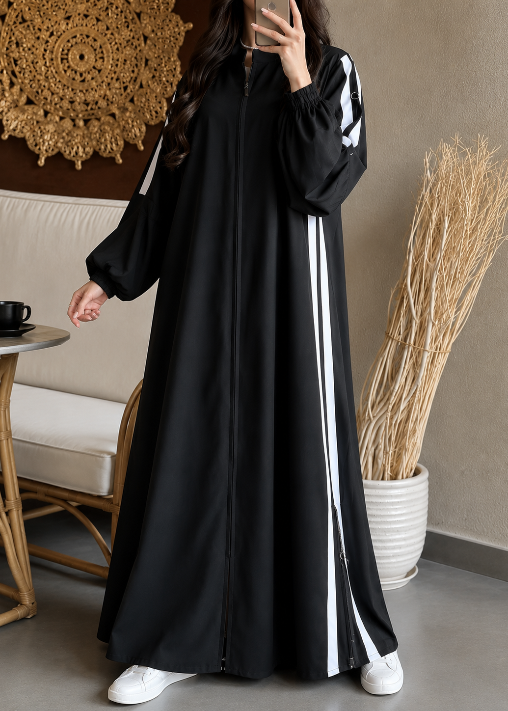 UROOJ WHITE STRIPS ZIPPER ABAYA