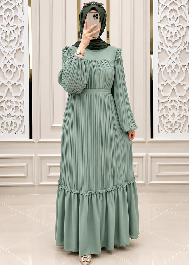 RIDA PLATED FRILL ABAYA | SEA GREEN