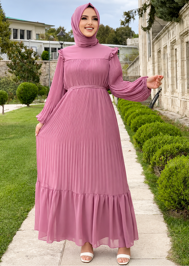 RIDA PLATED FRILL ABAYA | PINK