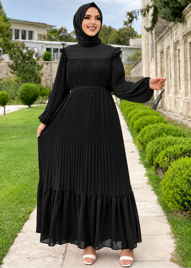 RIDA PLATED FRILL ABAYA | BLACK