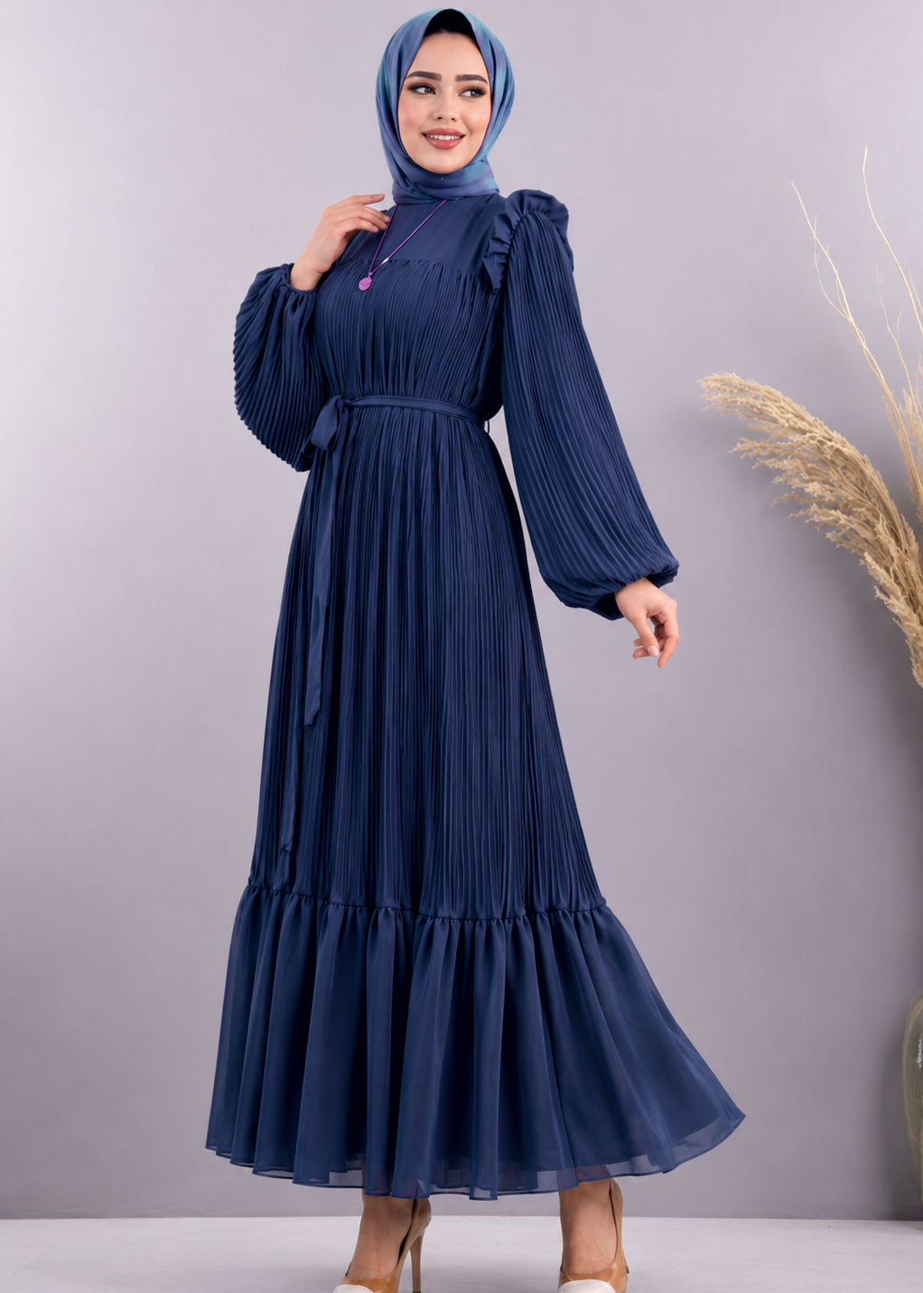 RIDA PLATED FRILL ABAYA | TEAL