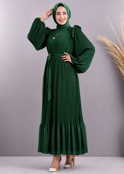 RIDA PLATED FRILL ABAYA | BOTTLE GREEN